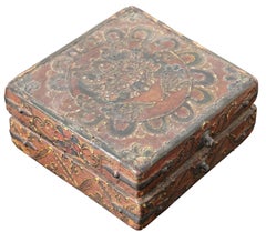 Antique 18th Century Tibetan Lotus Buddha Polychrome Wood and Iron Box