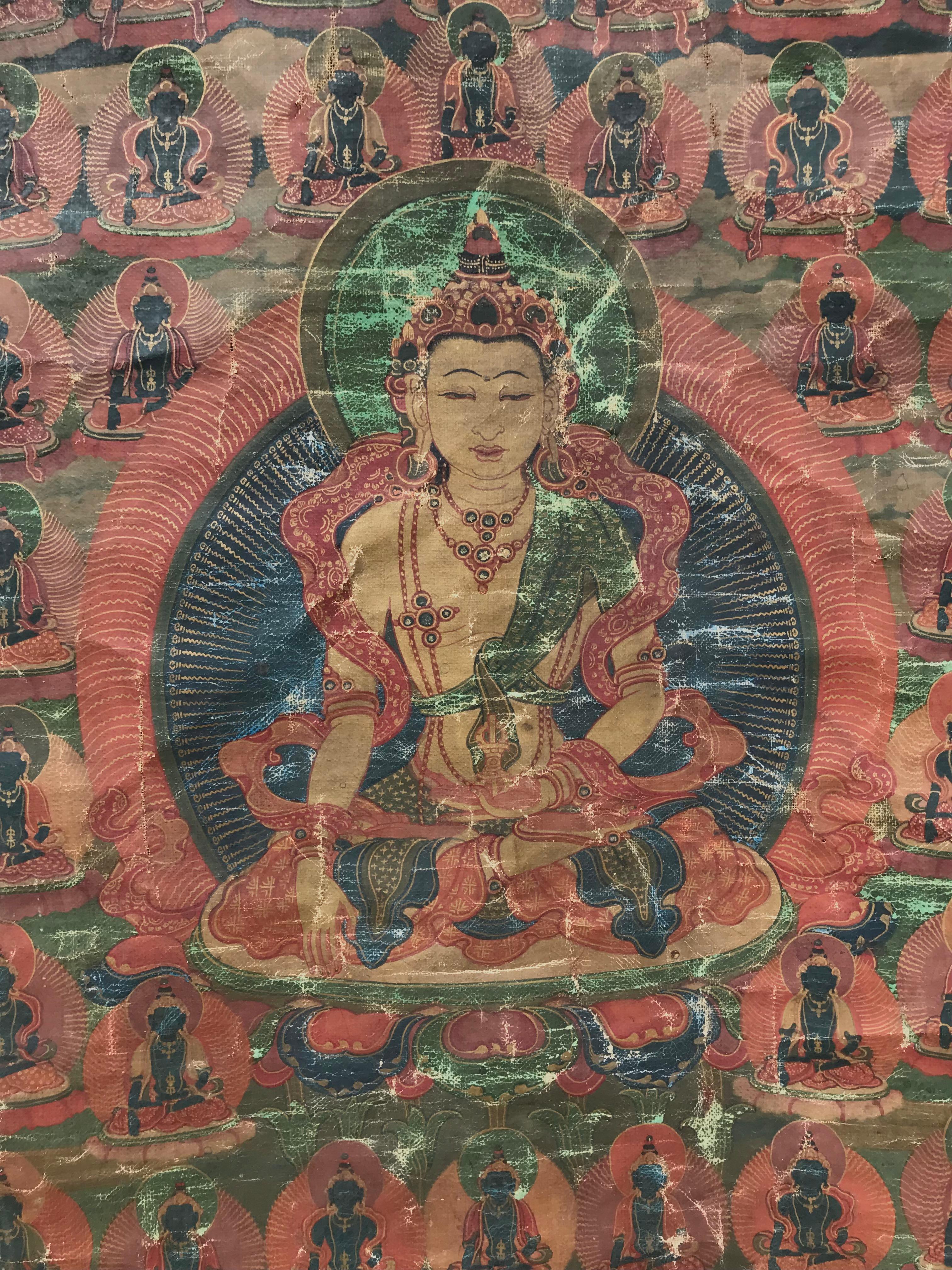 Gandhanra Thangka Tibetano Amitayus - Buddha Della Vita Infinita Tsepame - Arazzo Con Stampa Dorata Per Meditazione E Zen - Cornice In Broccato