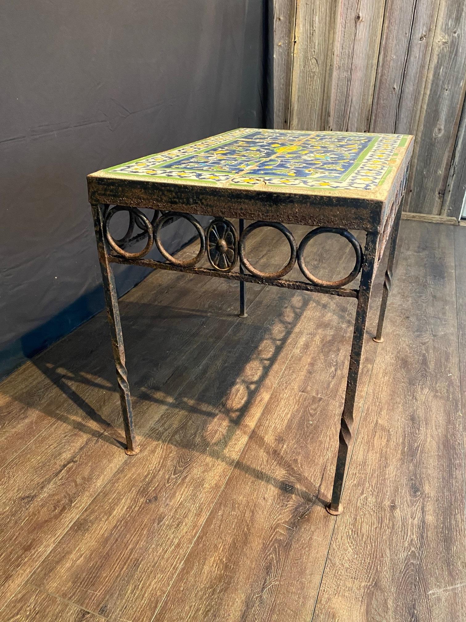 American 18th Century Tile Top Side or Coffee Table with Later Wrought Iron Base For Sale