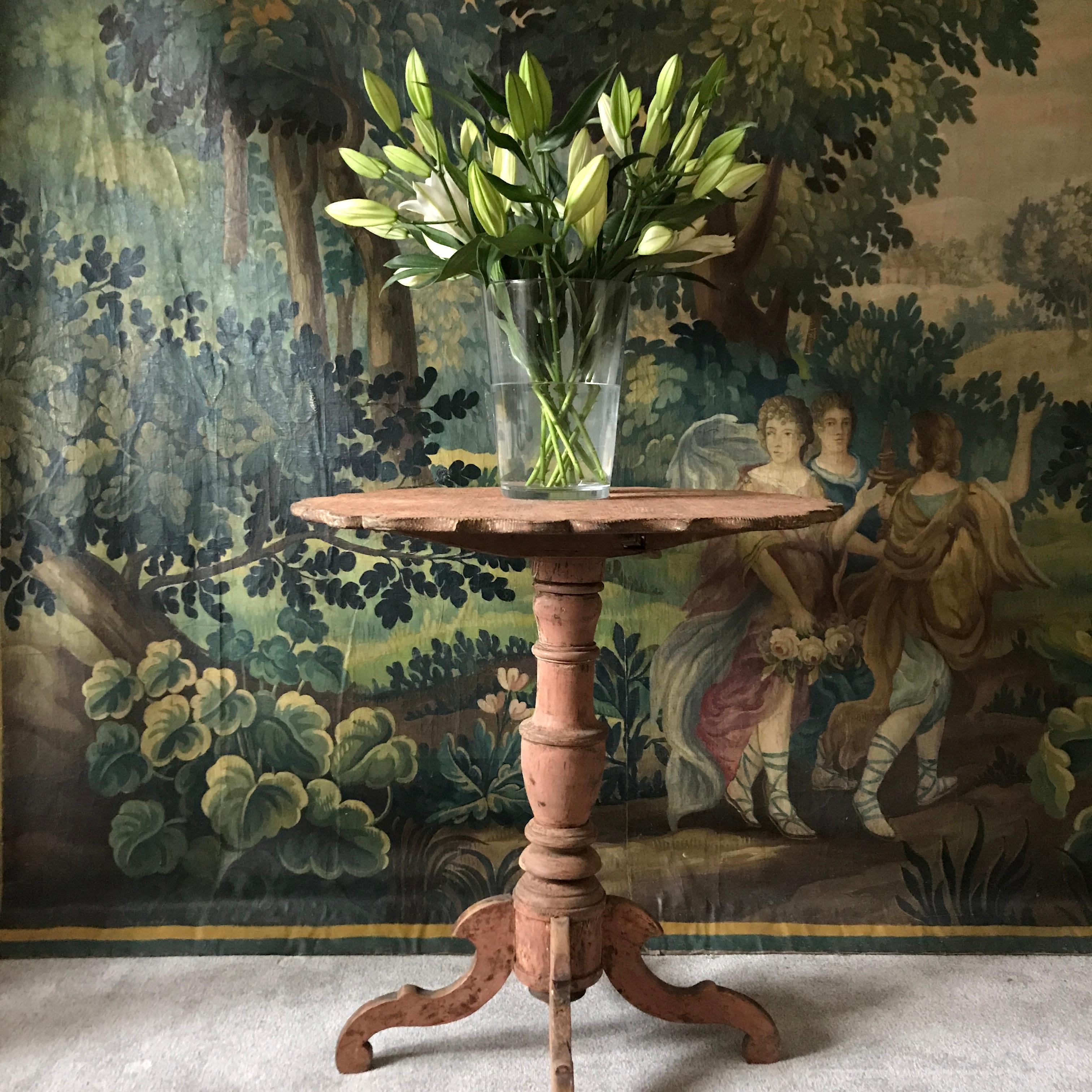 A charming 18th century Swedish tilt top table with a lovely scalloped shaped top edge standing on a central pedestal base all in original paint a delightful salmon pink colour - offered in good condition 