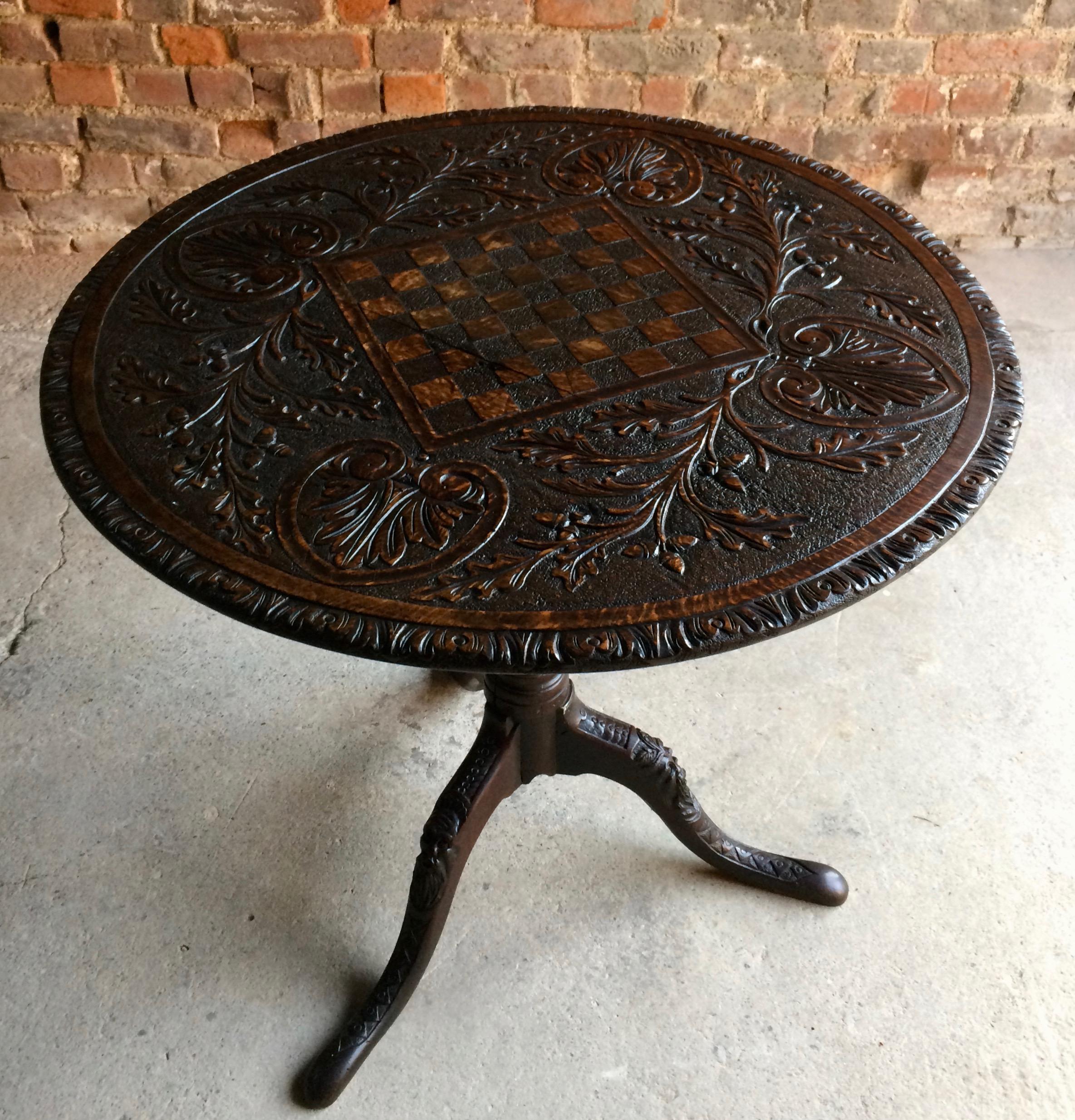 Georgian 18th Century Tilt-Top Table Heavily Carved Chess Board Solid English Oak