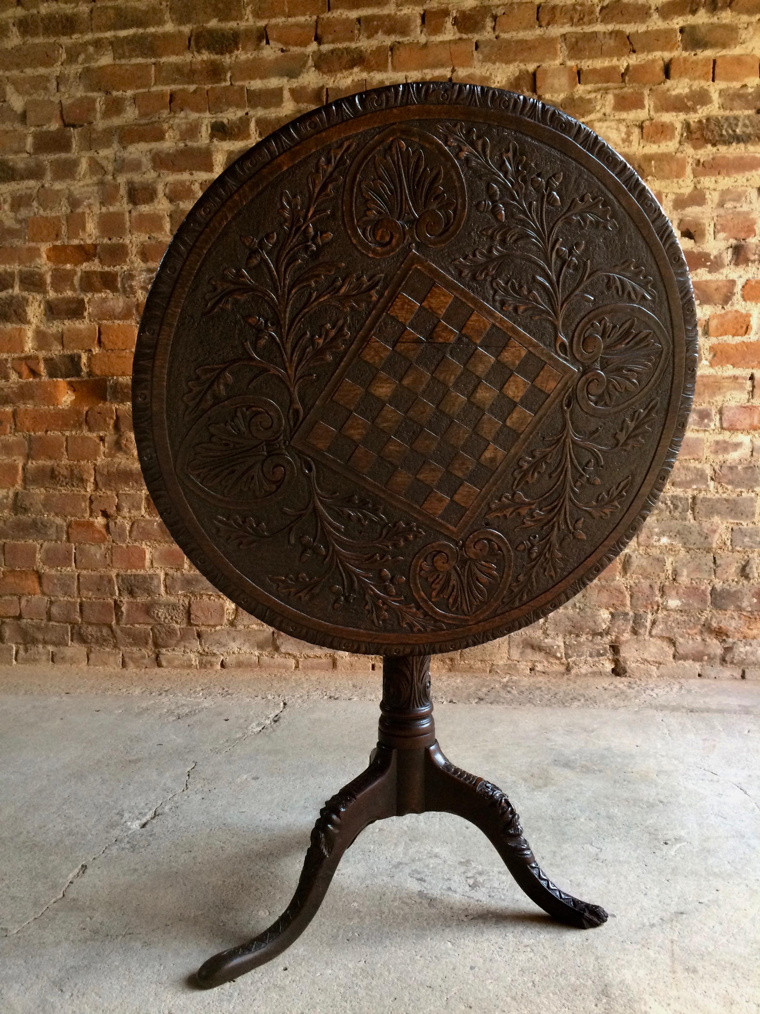18th Century Tilt-Top Table Heavily Carved Chess Board Solid English Oak 2