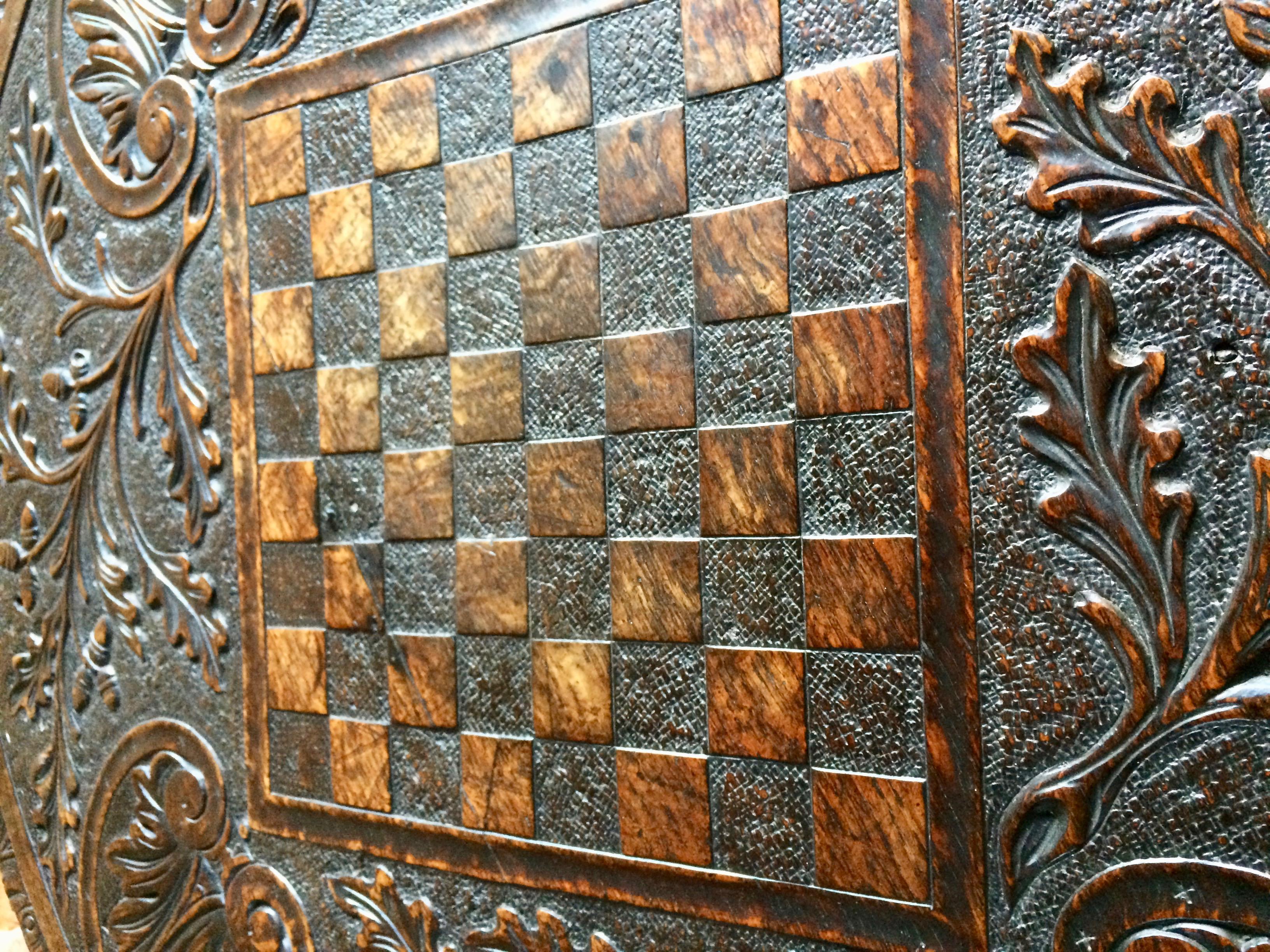18th Century Tilt-Top Table Heavily Carved Chess Board Solid English Oak 4