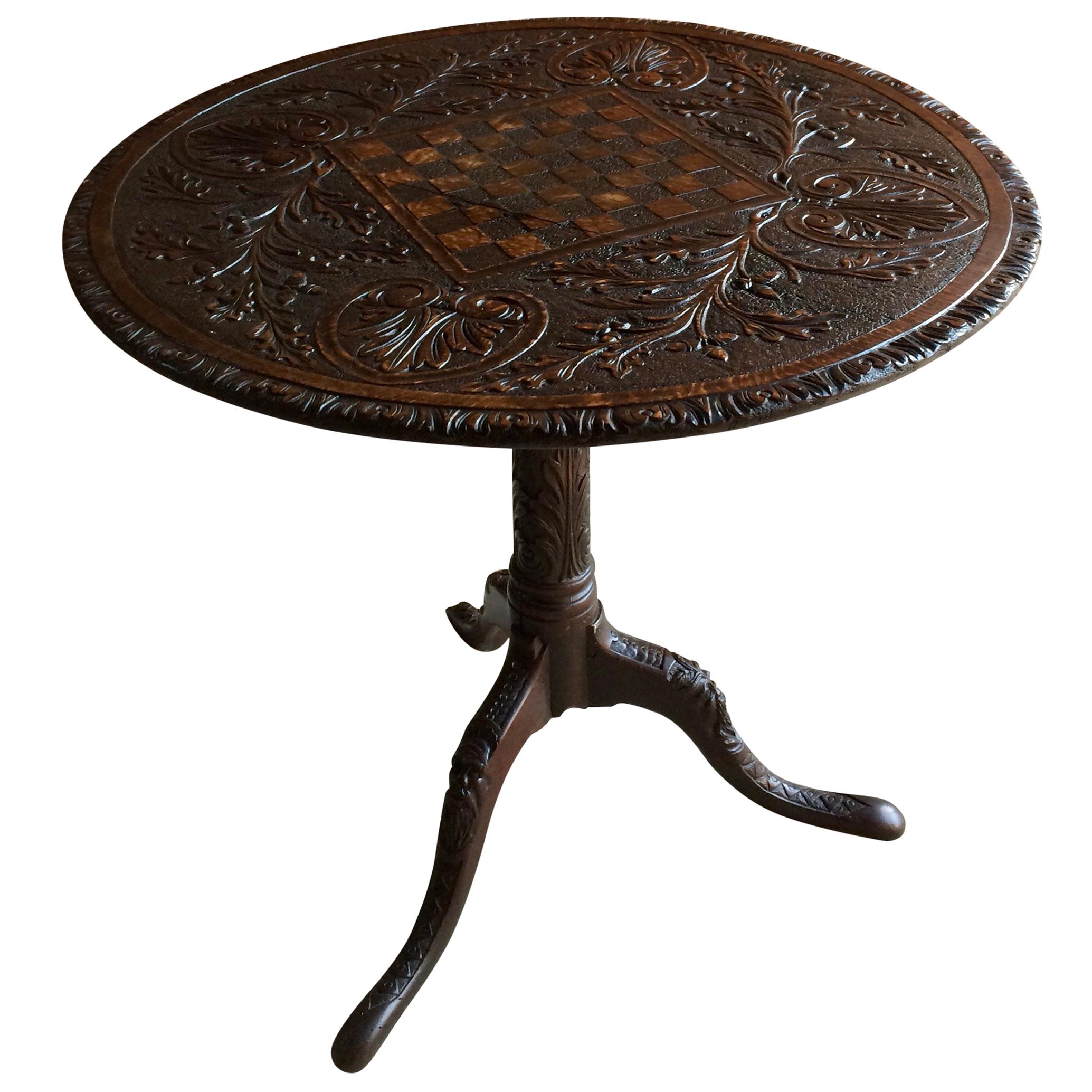 18th Century Tilt-Top Table Heavily Carved Chess Board Solid English Oak