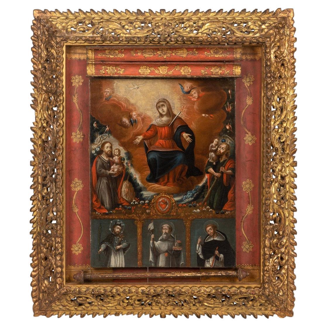 18th Century Travelling Oil on Canvas Painting of Virgin Mary 'Cusco, Peru' For Sale