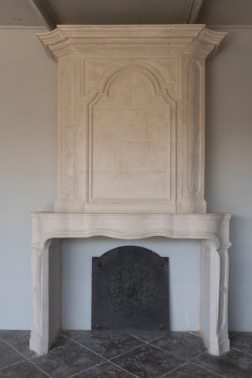 18th Century and Earlier 18th Century Trumeau Carved Limestone Fireplace Mantel Reedition