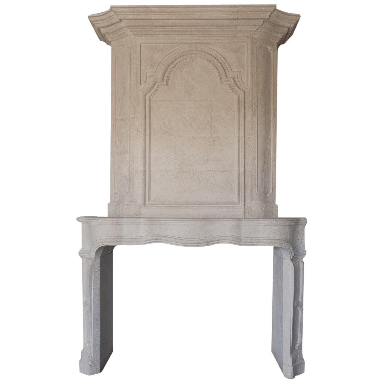 18th Century Trumeau Carved Limestone Fireplace Mantel Reedition