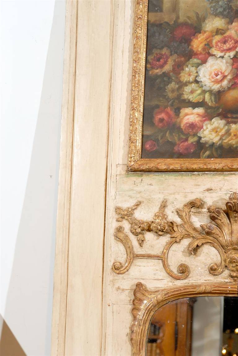 Espejo francés Trumeau Luis XV con pintura al óleo original y motivos dorados tallados en Bueno Estado en Atlanta, GA