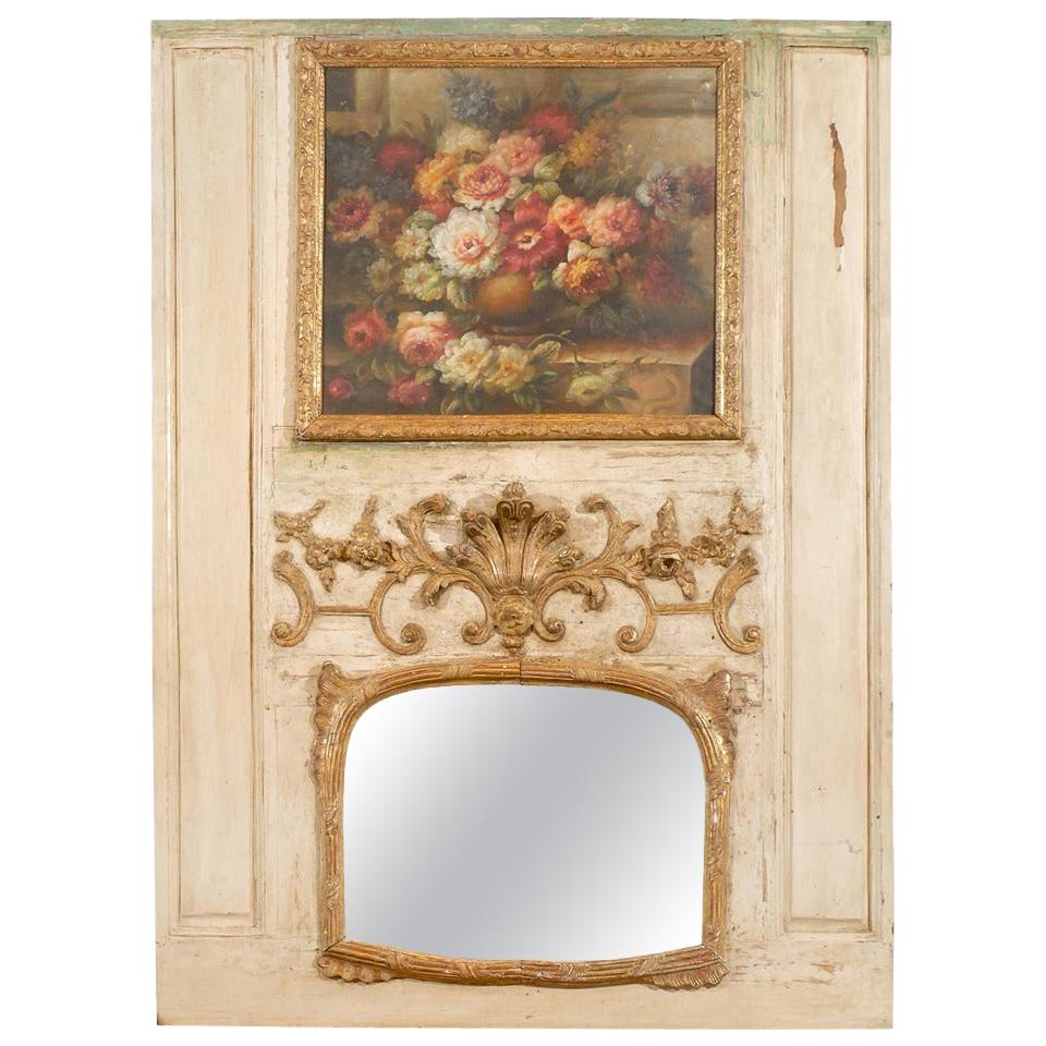 Miroir Trumeau Louis XV avec peinture à l'huile originale et motifs sculptés et dorés en vente