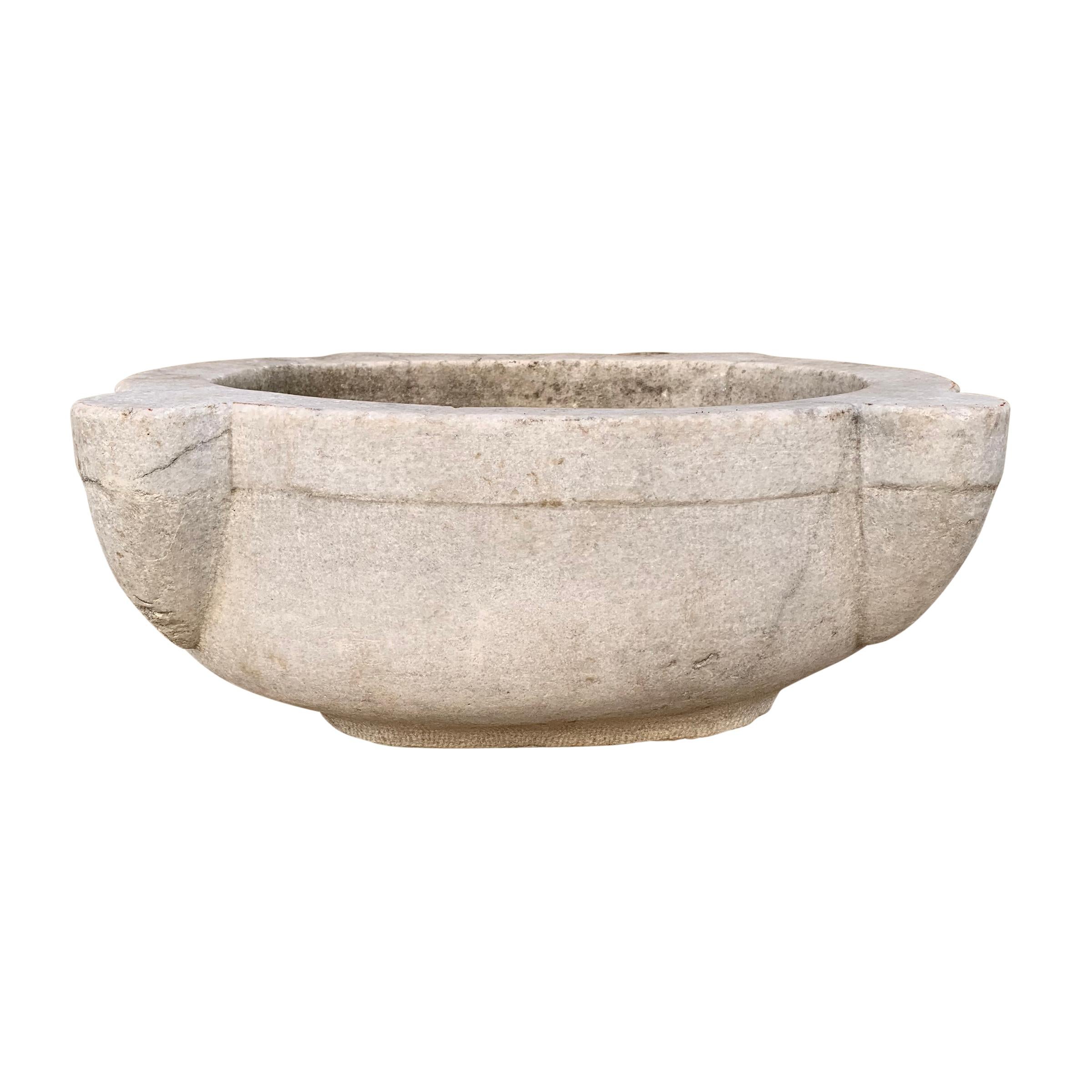 A wonderful 18th century Turkish Hammam carved white marble sink vessel with a wonderfully worn finish. A drain could be drilled in the bottom to convert into a sink.