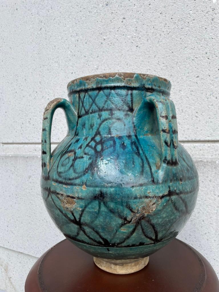 Ceramic 18th Century Turkish Ottoman Turquoise Glazed Storage Jar For Sale