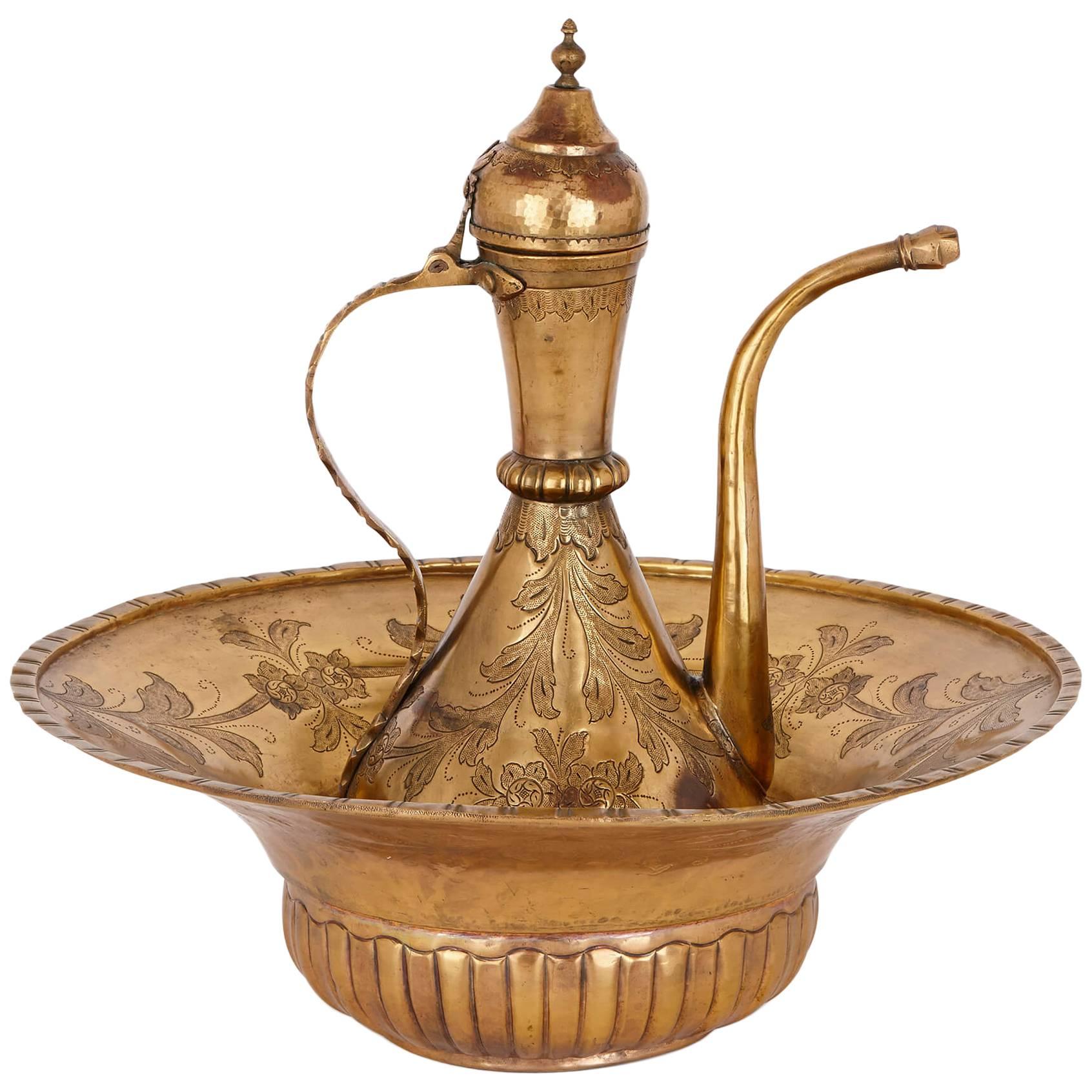 18th Century Turkish Tombak Ewer and Basin For Sale