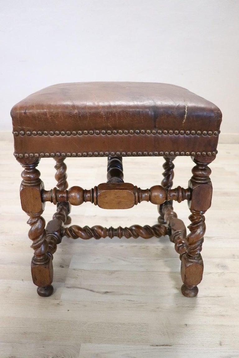 18th Century Turned Walnut and Leather Antique Stool For Sale at 1stDibs