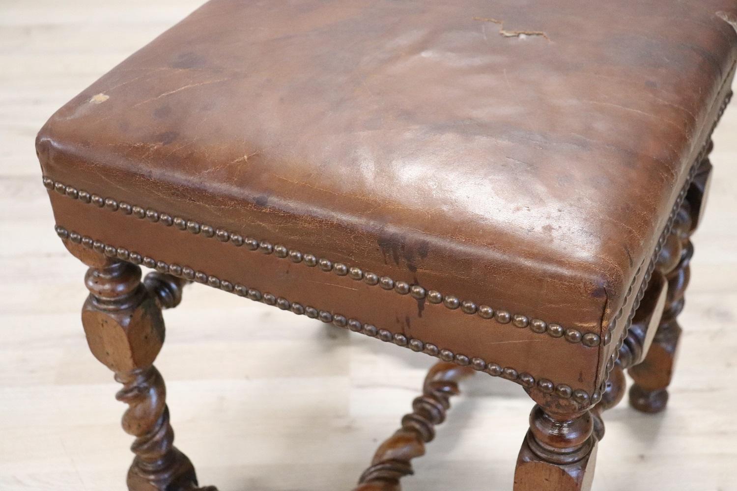 18th Century Turned Walnut and Leather Antique Stool 1