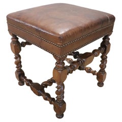 18th Century Turned Walnut and Leather Antique Stool