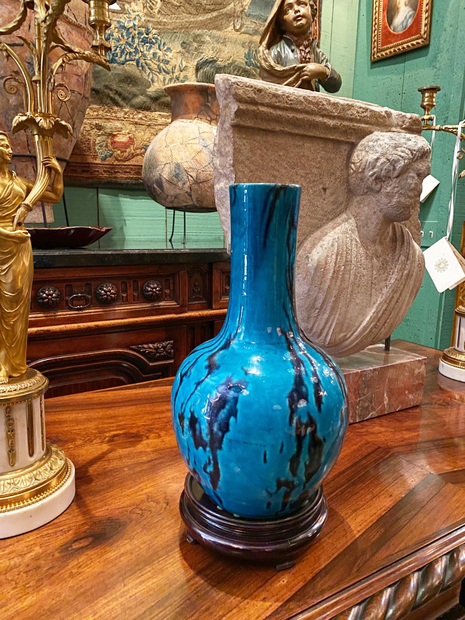 European 18th Century Turquoise Glazed Bottle Pottery Vase / Jar Decorative Object Design