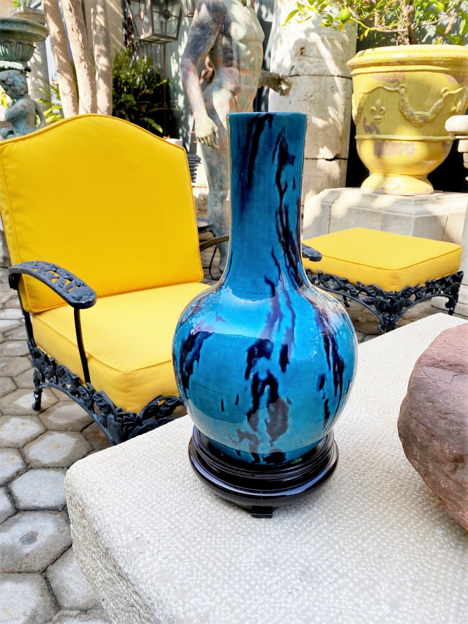 Hand-Crafted 18th Century Turquoise Glazed Bottle Pottery Vase / Jar Decorative Object Design