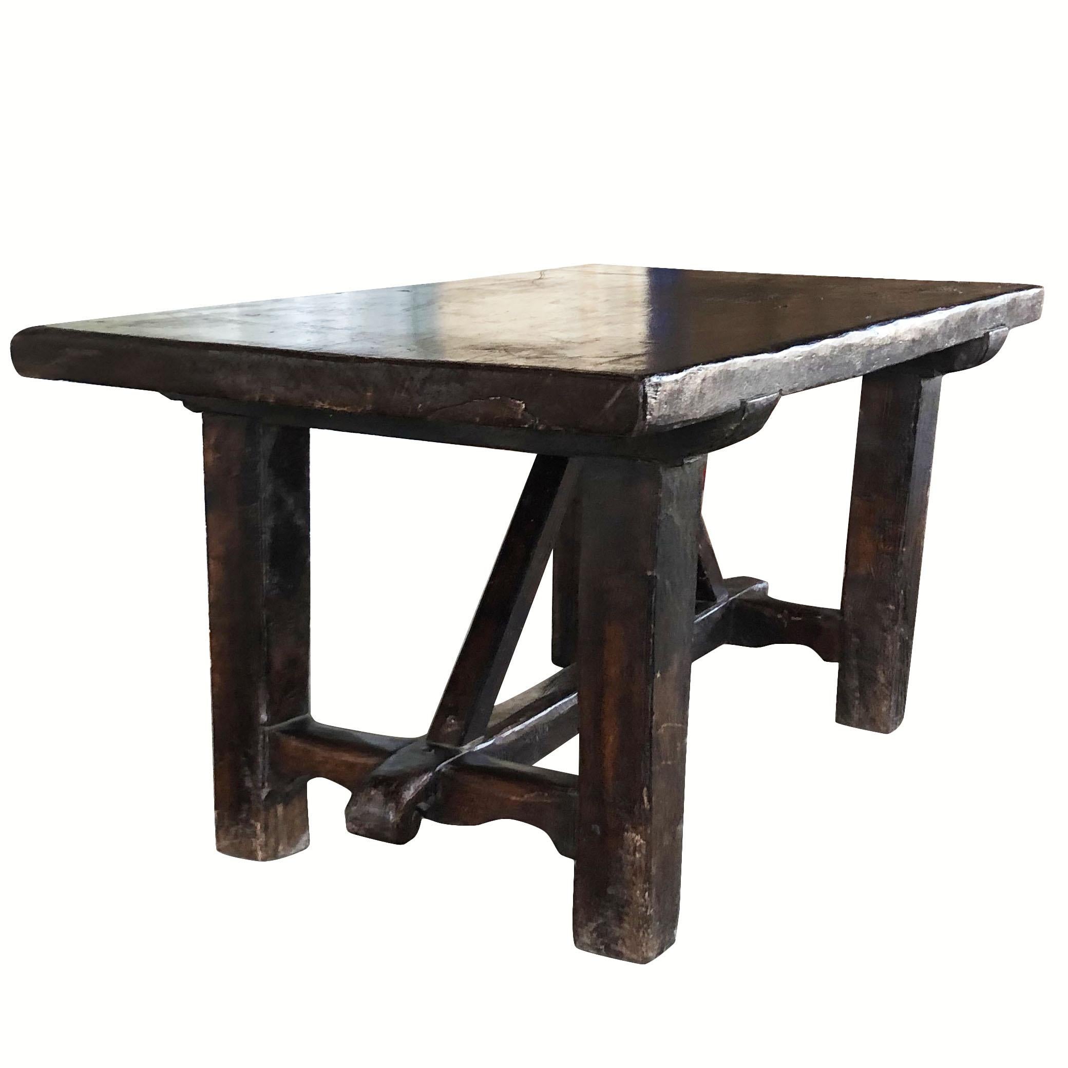 Hand-Carved 18th Century Italian Walnut Kitchen Table, Antique Tuscan Dark Waxed Farm Table