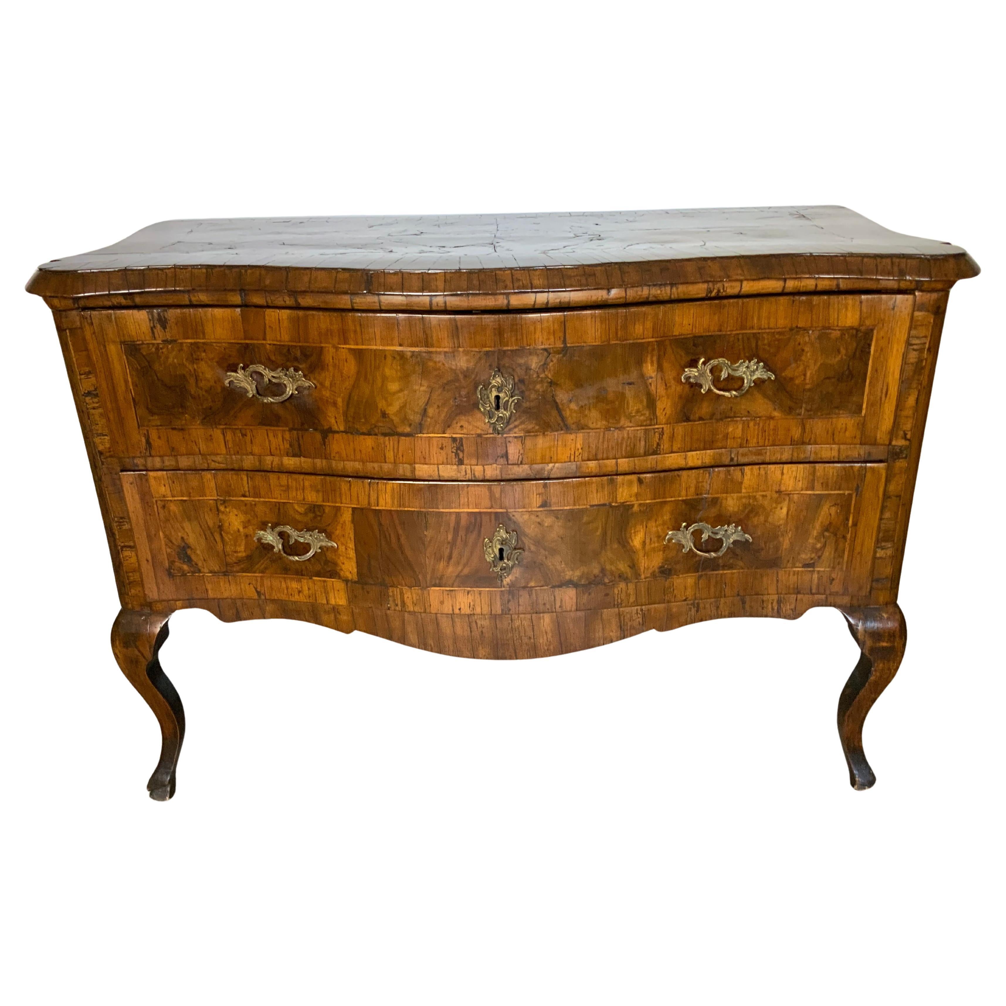 18th Century Two Drawer Rococo Burl Walnut Commode