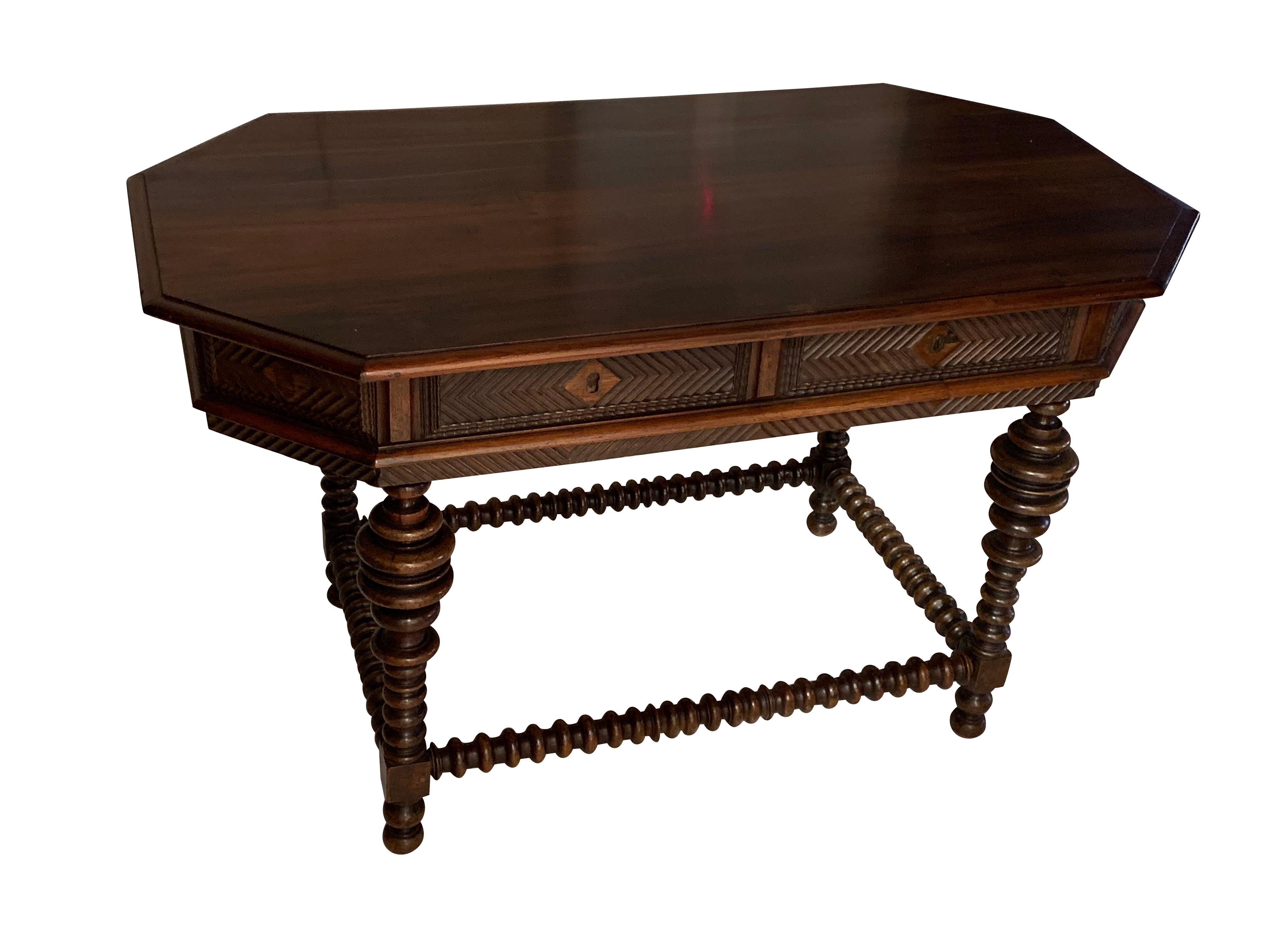 18th century Portuguese two drawer side table.
Classic spool leg design.
Unusual rectangular octagonal shape.
Chevron pattern design on the apron.
Finished on both sides so can be used as a free standing table.
 