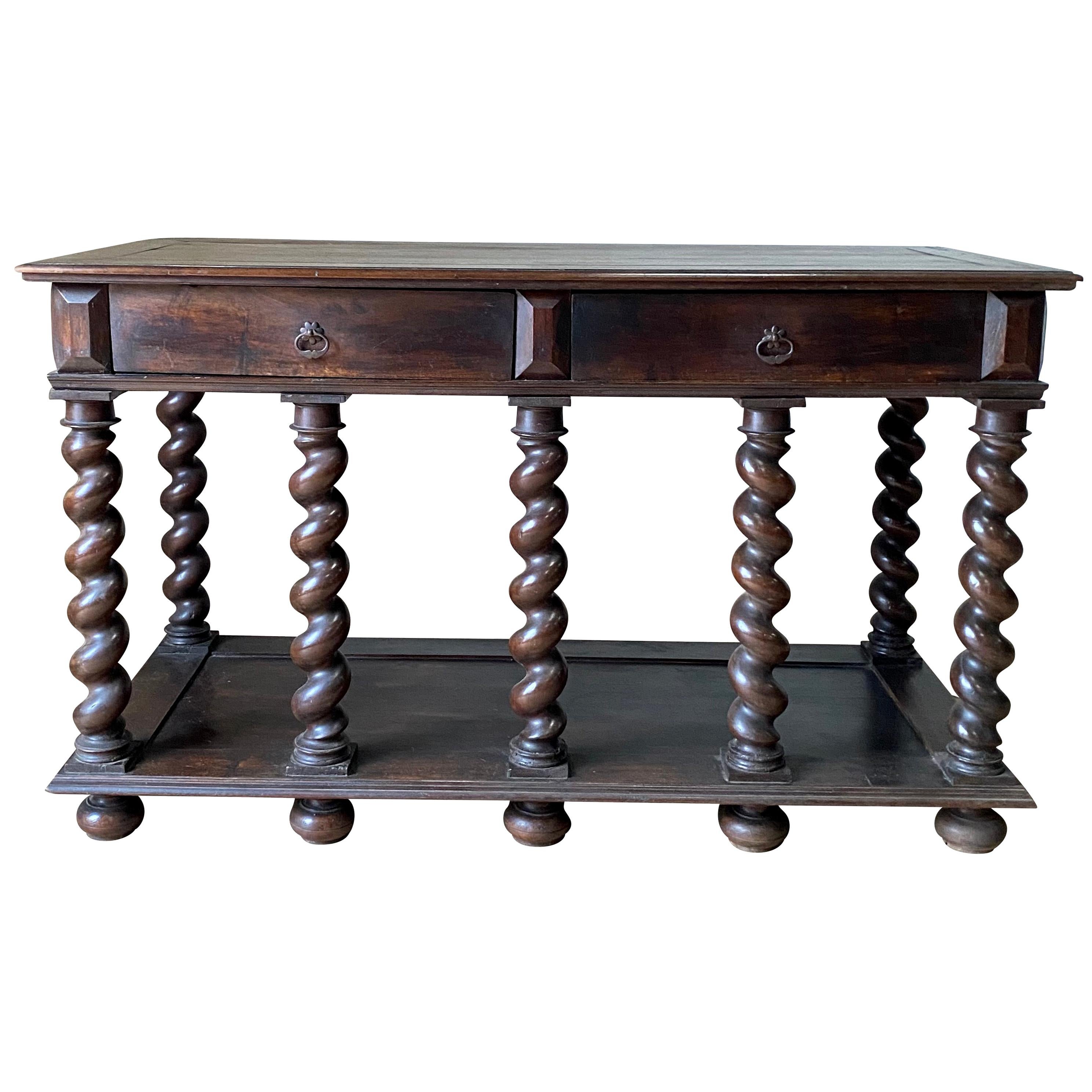 18th Century Two-Drawer, Turned Legs Walnut Console, Italy