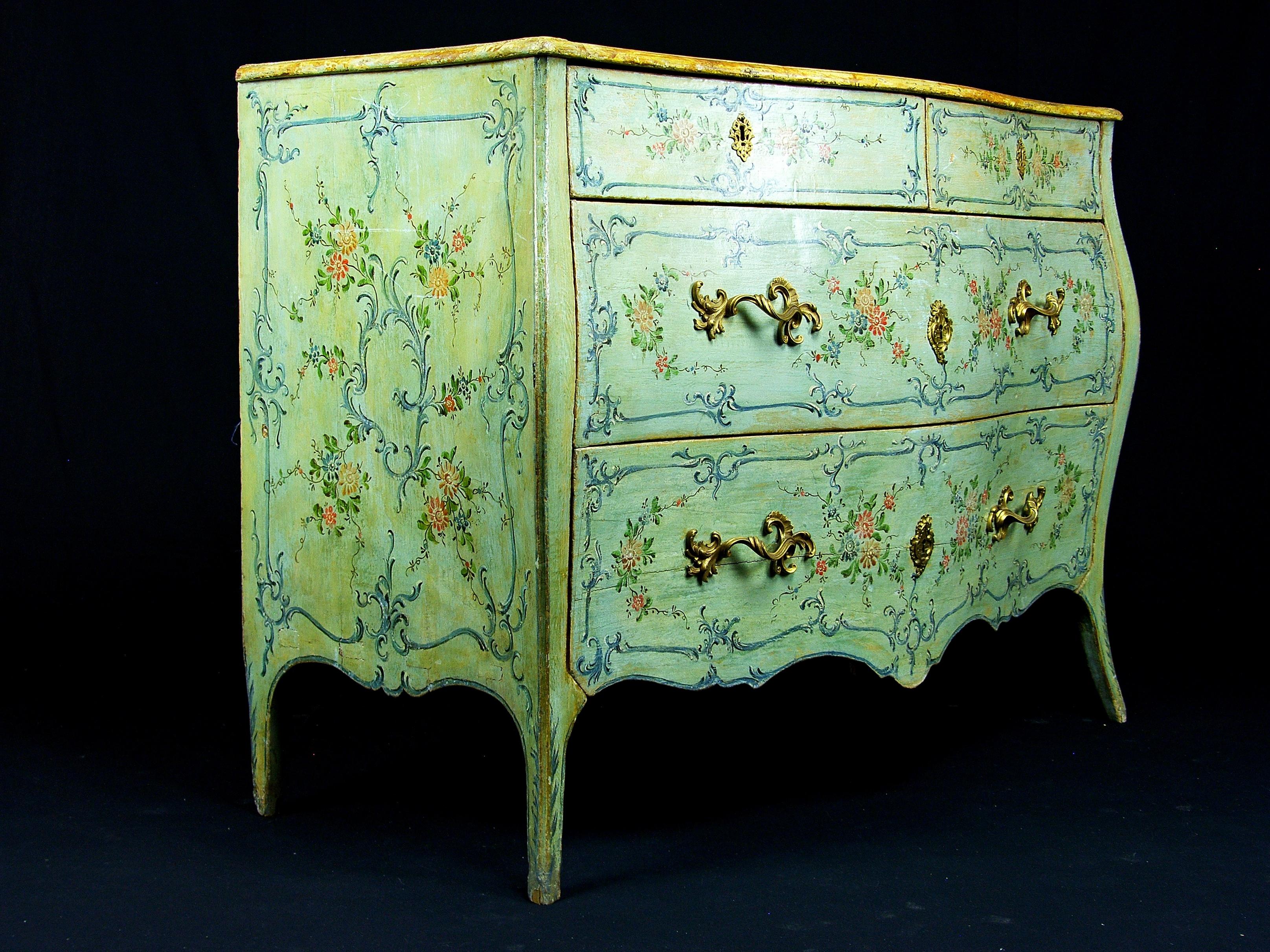 Bronze 18th Century, Two Italian Polychrome Lacquered Wood Chest of Drawers