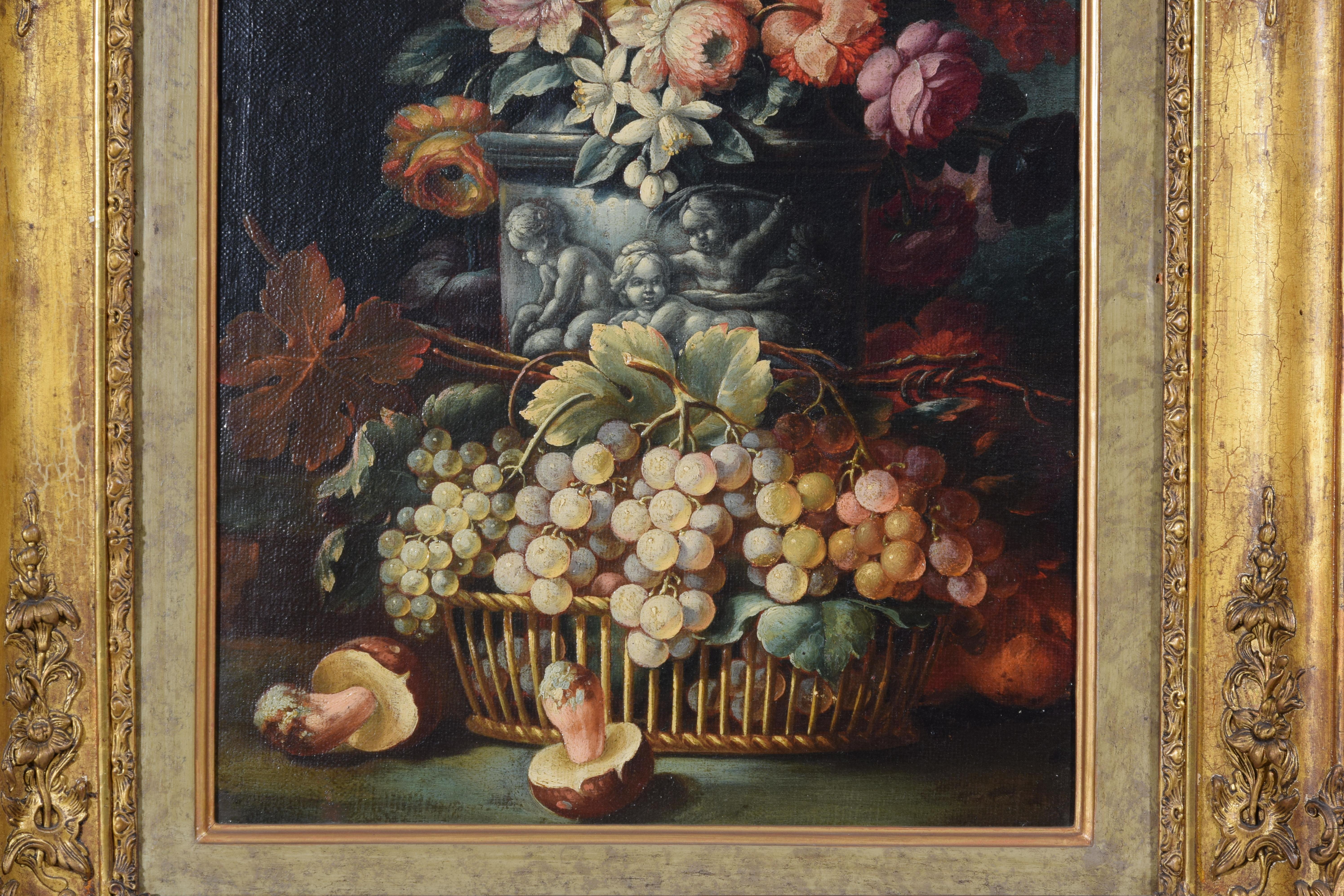 18th Century, Two Still Lifes with Flowers and Fruits by Italian Paintings For Sale 4