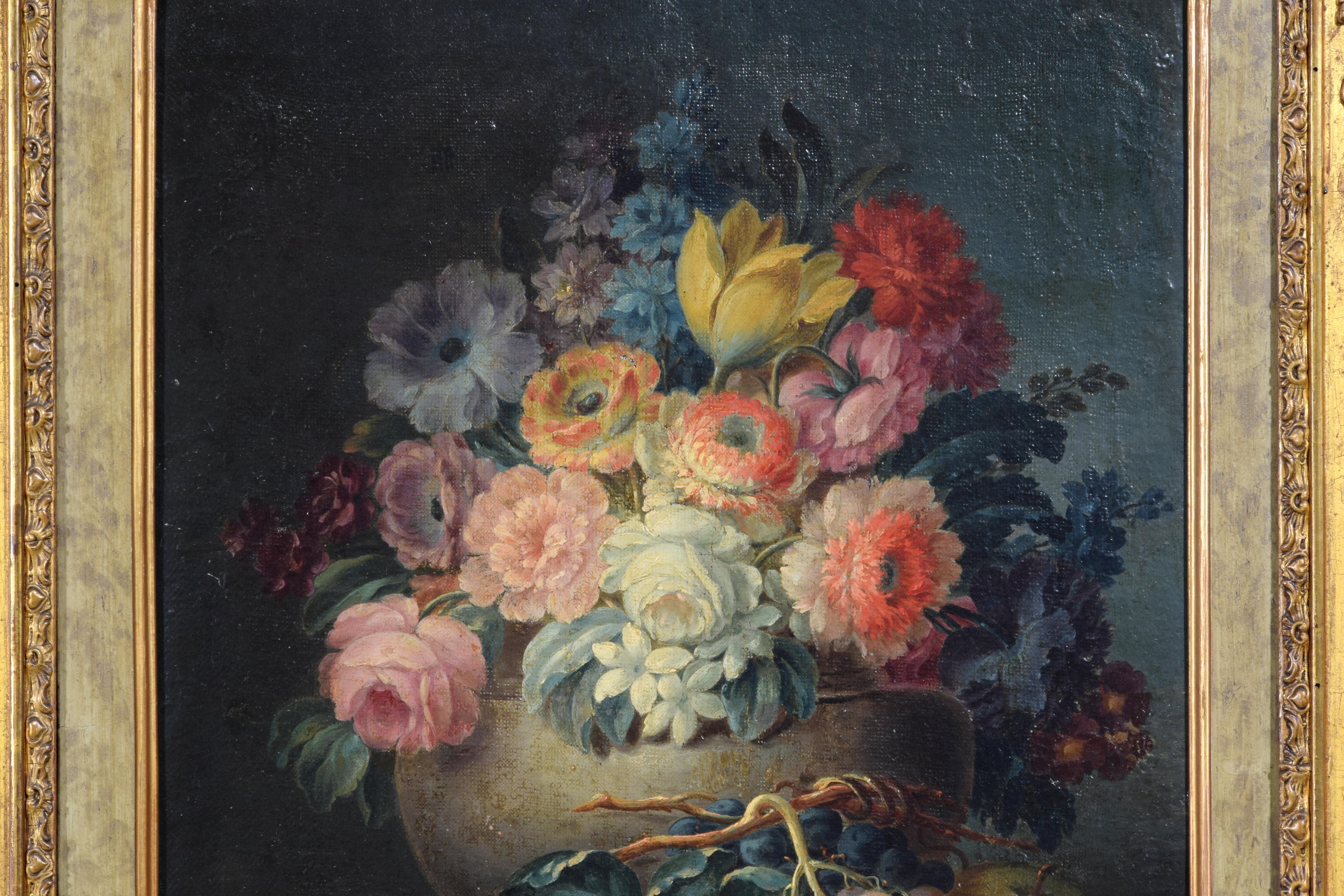 18th Century, Two Still Lifes with Flowers and Fruits by Italian Paintings For Sale 8