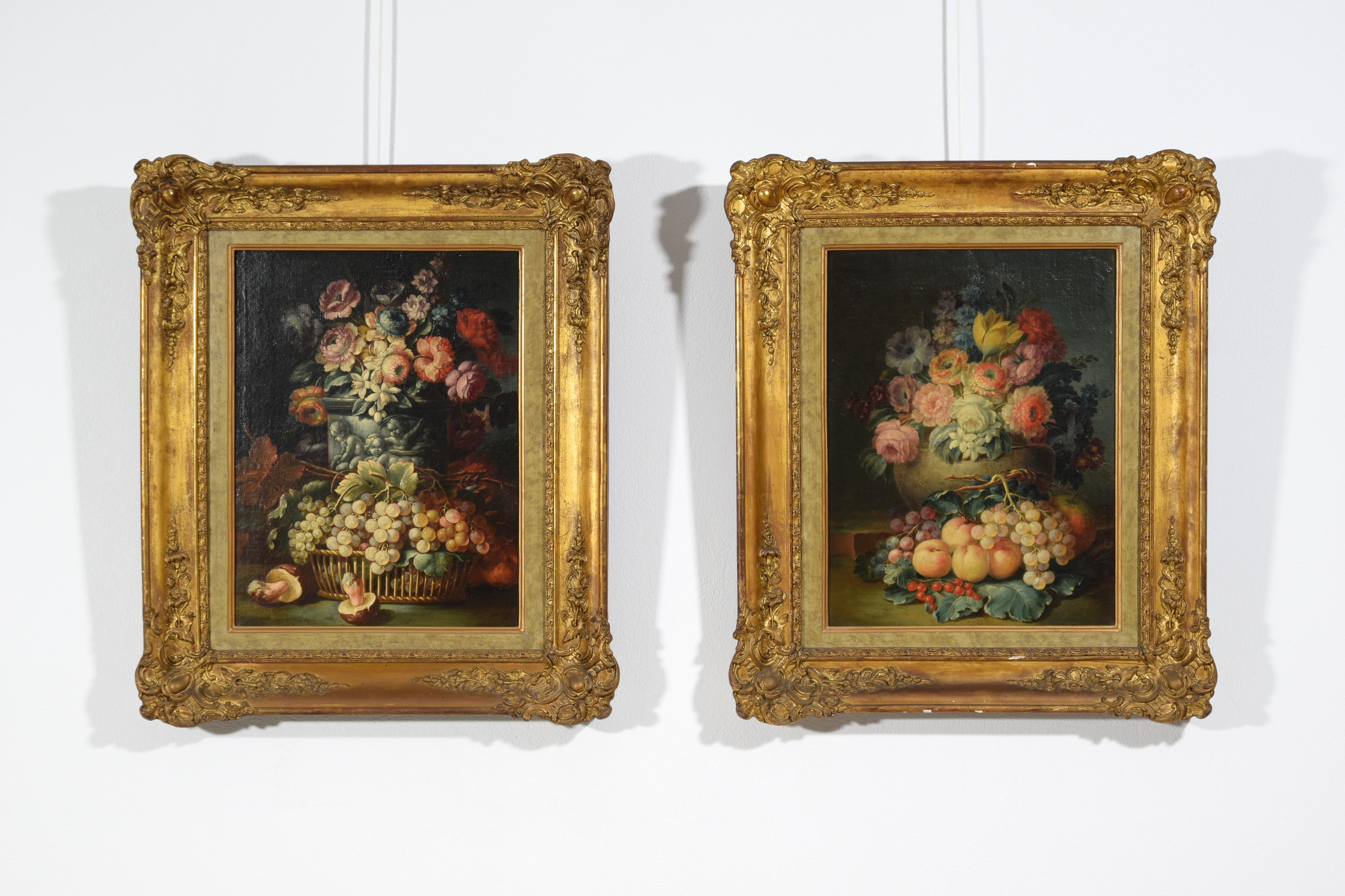 18th Century, Two Still Lifes with Flowers and Fruits by Italian Paintings For Sale 11