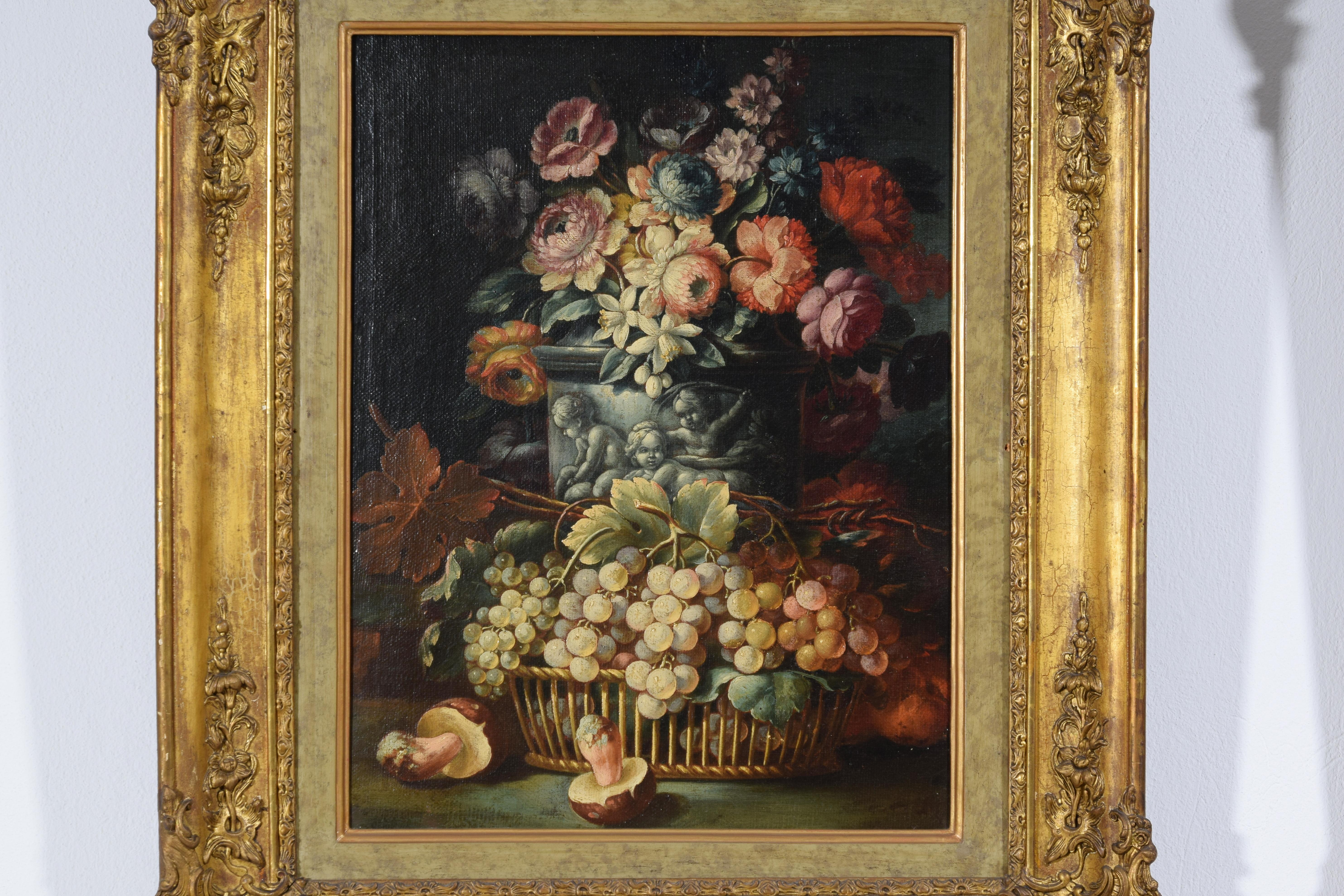 18th Century, Two Still Lifes with Flowers and Fruits by Italian Paintings For Sale 12