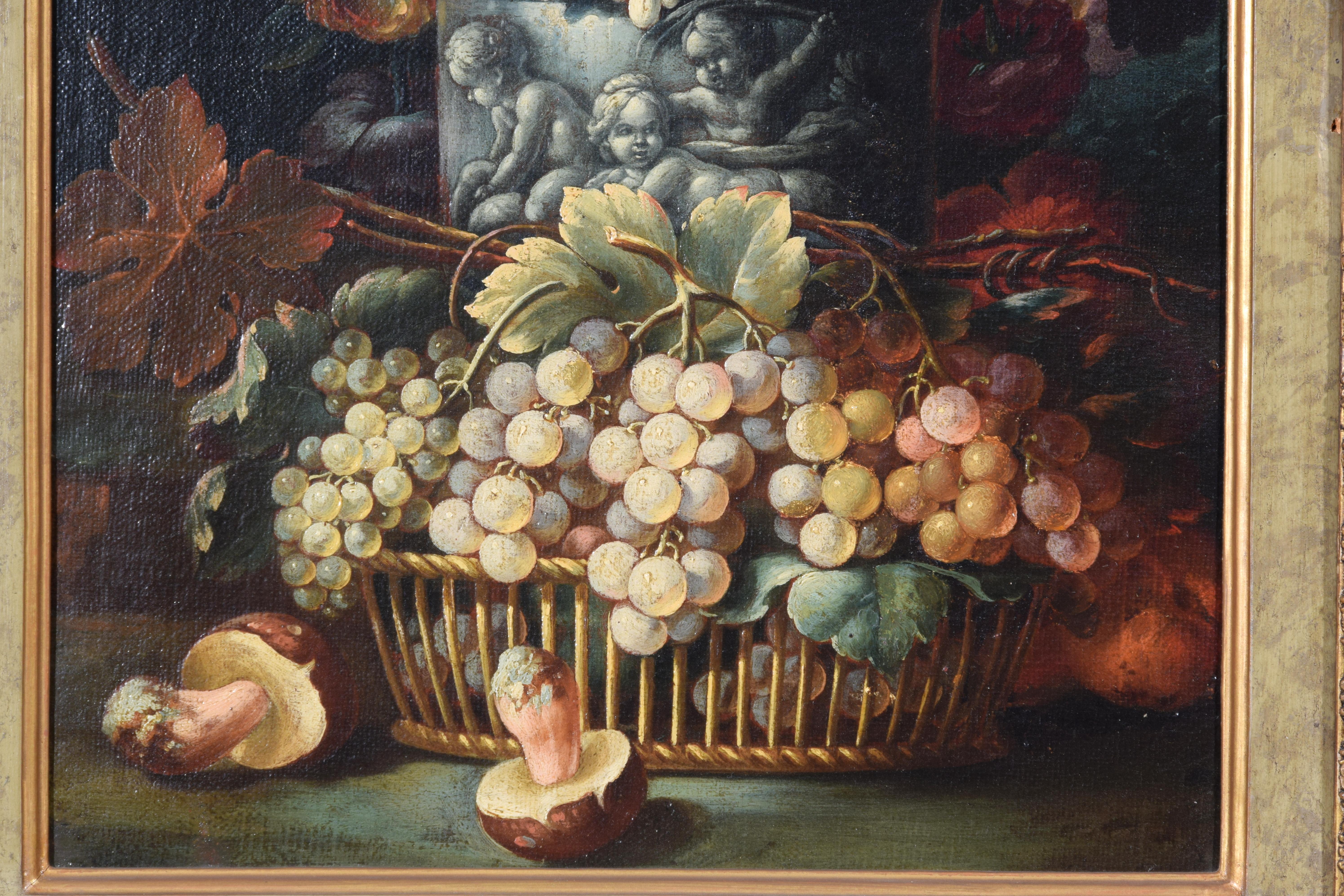 18th Century, Two Still Lifes with Flowers and Fruits by Italian Paintings For Sale 13