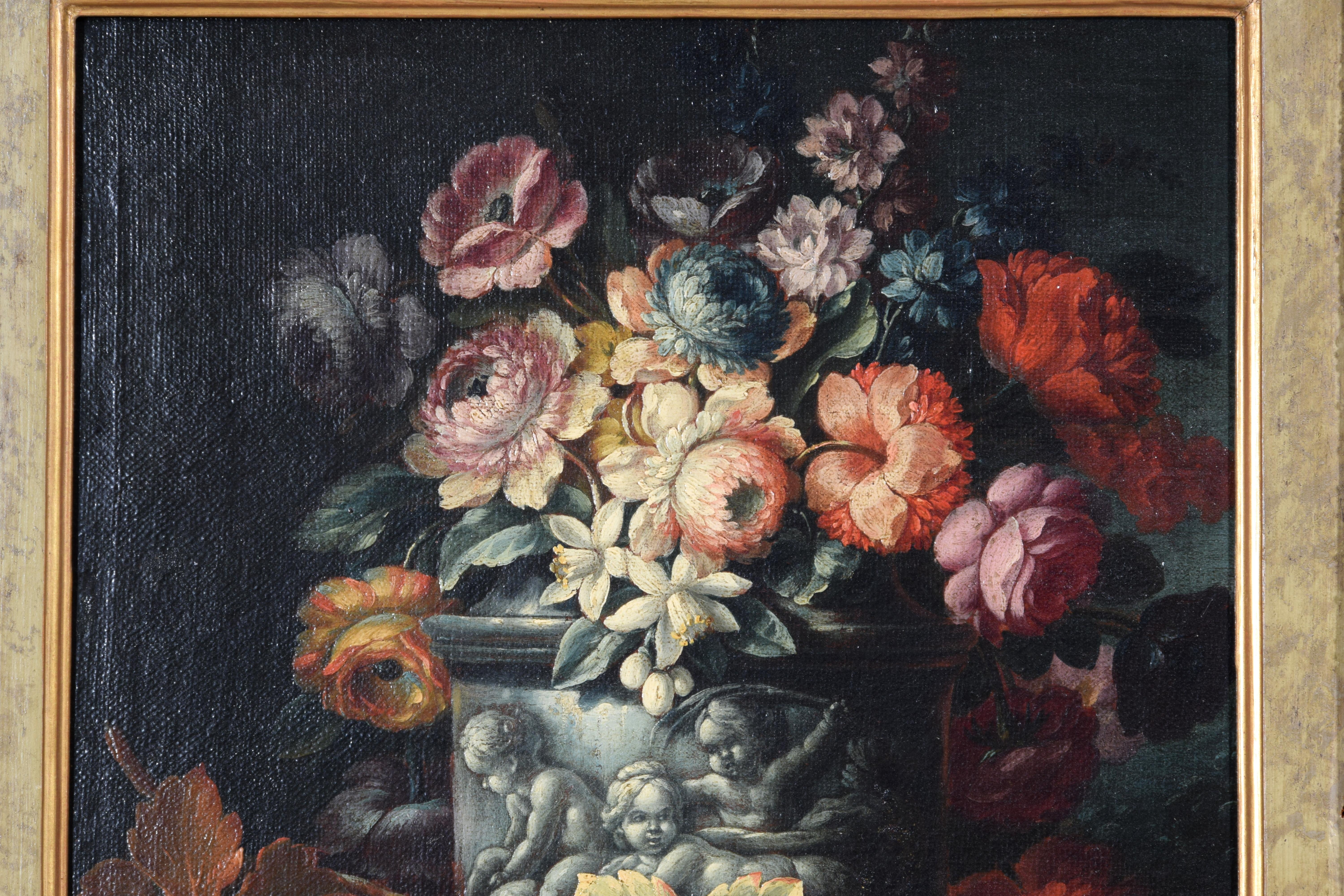 18th Century, Two Still Lifes with Flowers and Fruits by Italian Paintings For Sale 14
