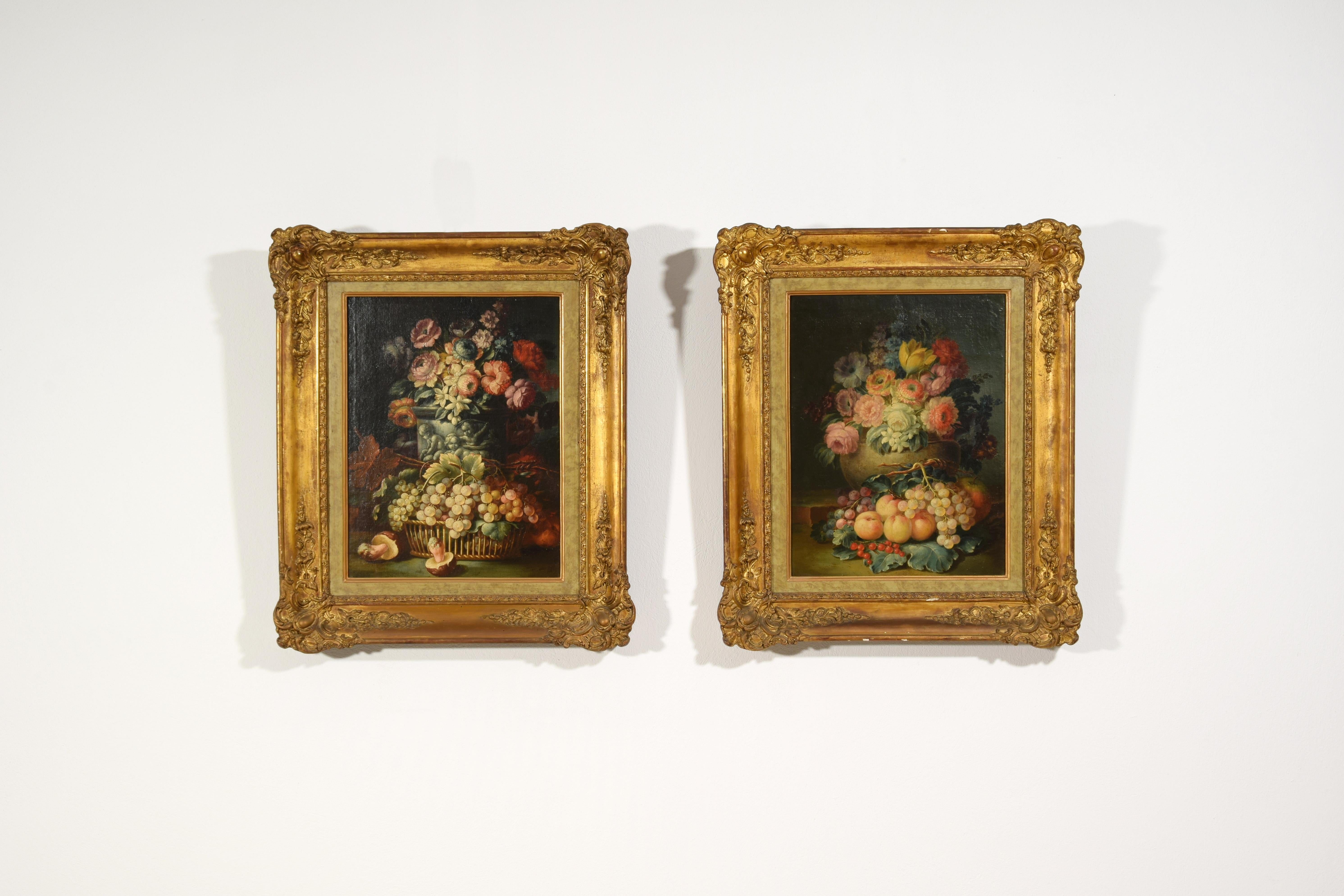 Rococo 18th Century, Two Still Lifes with Flowers and Fruits by Italian Paintings For Sale