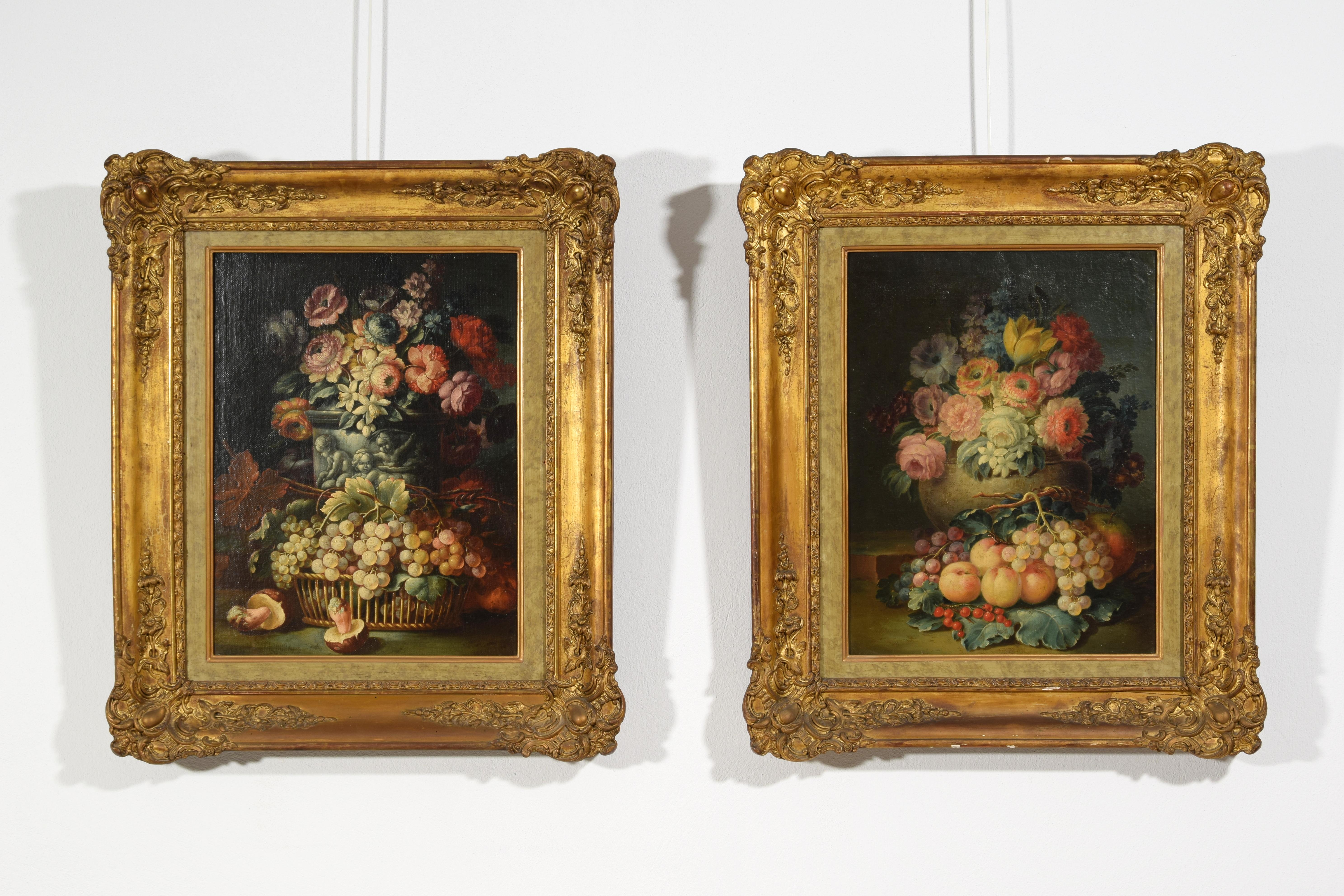 Hand-Painted 18th Century, Two Still Lifes with Flowers and Fruits by Italian Paintings For Sale