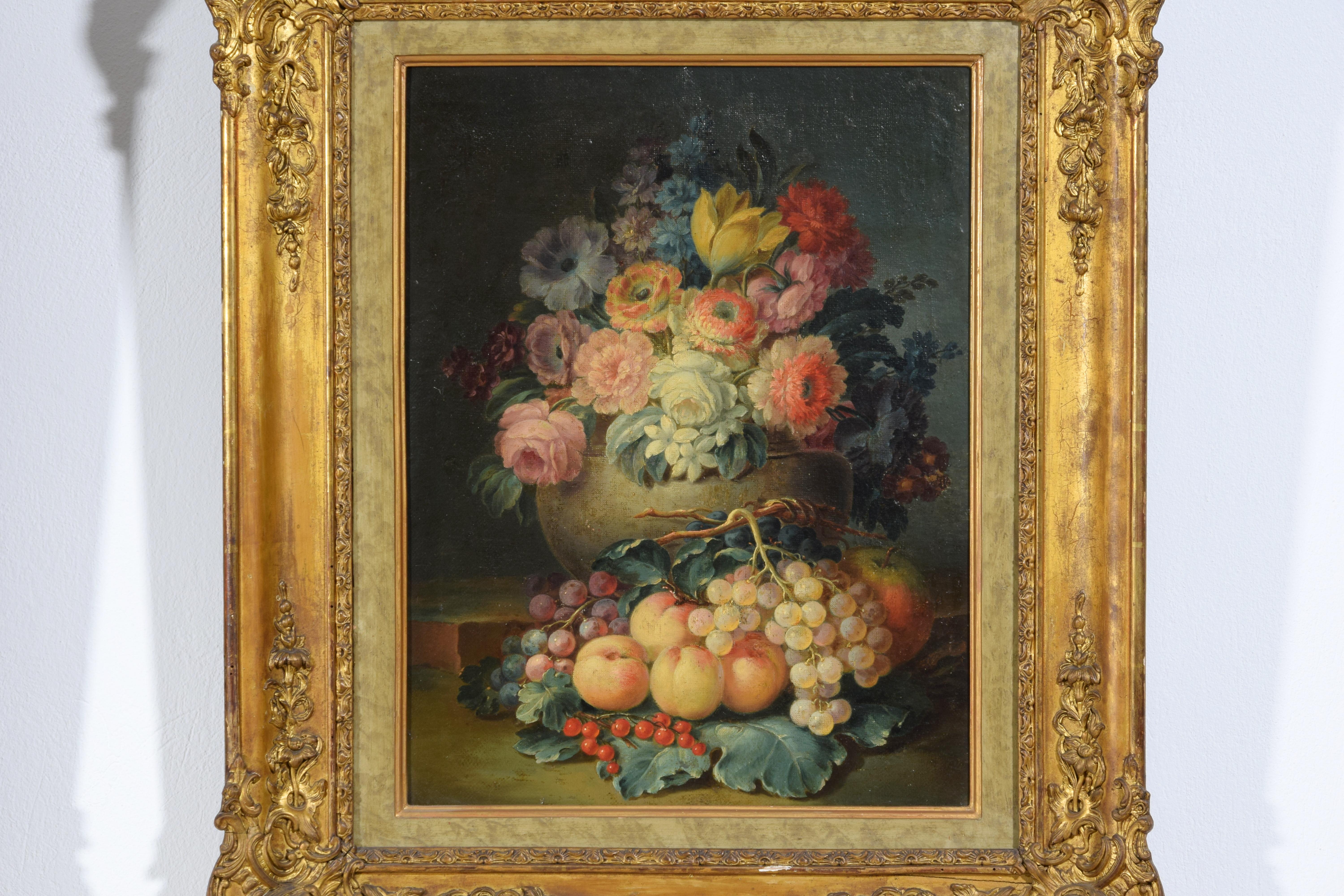 18th Century, Two Still Lifes with Flowers and Fruits by Italian Paintings For Sale 3