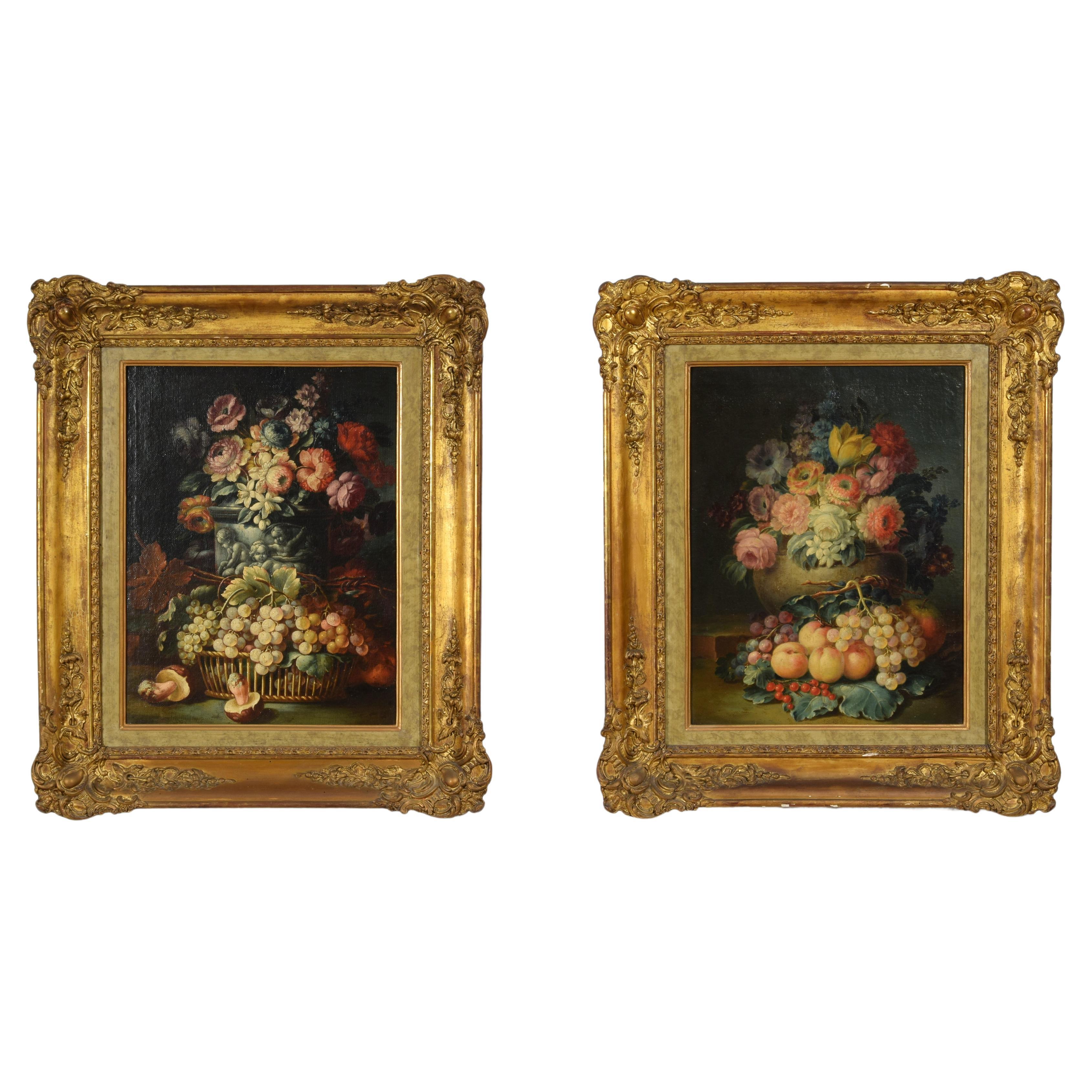 Zwei Stillleben mit Blumen und Früchten aus dem 18. Jahrhundert, italienische Gemälde