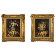 Antique 18th Century, Two Still Lifes with Flowers and Fruits by Italian Paintings