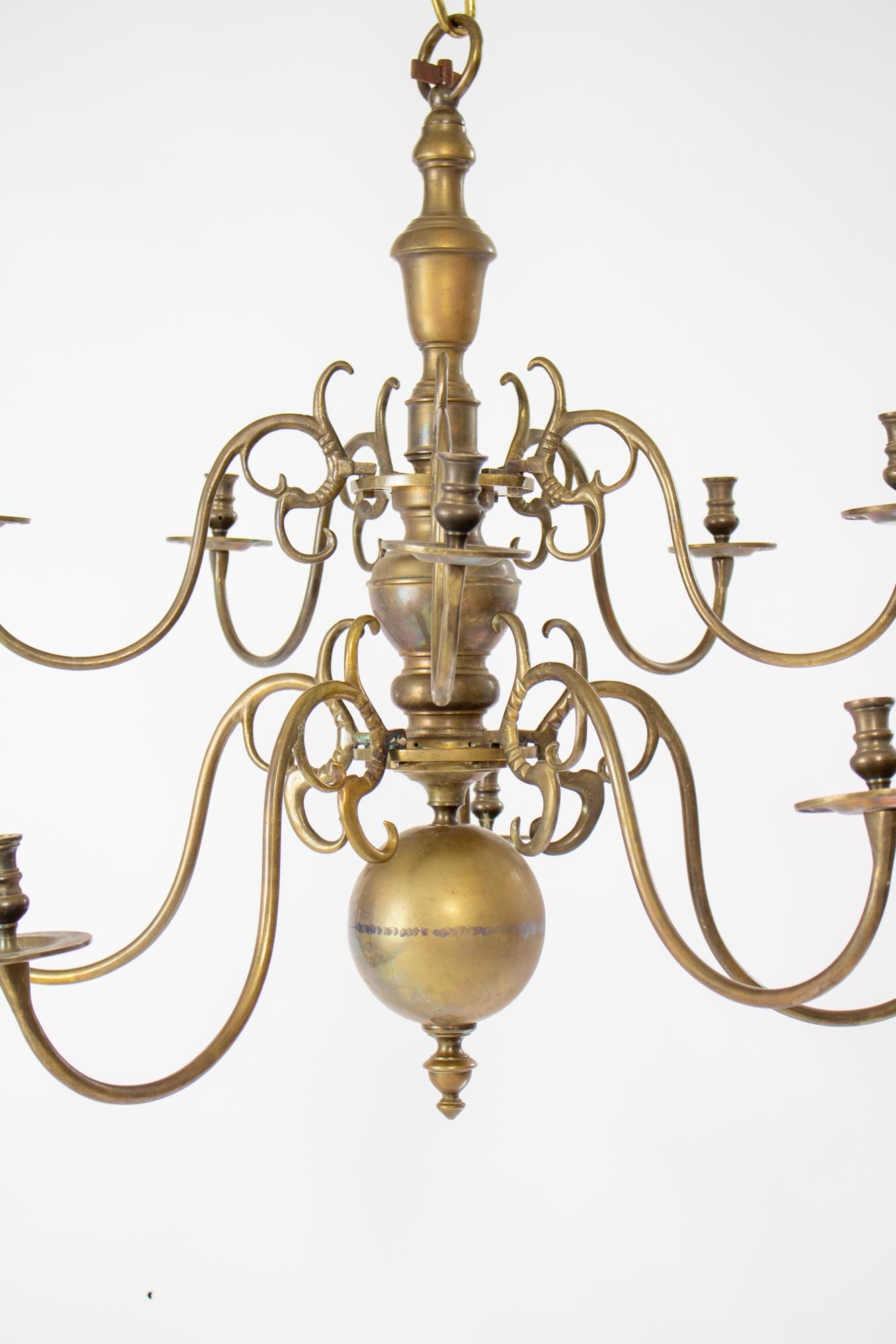 18th Century Two Tier Dutch Colonial Brass Chandelier In Fair Condition In Canton, MA