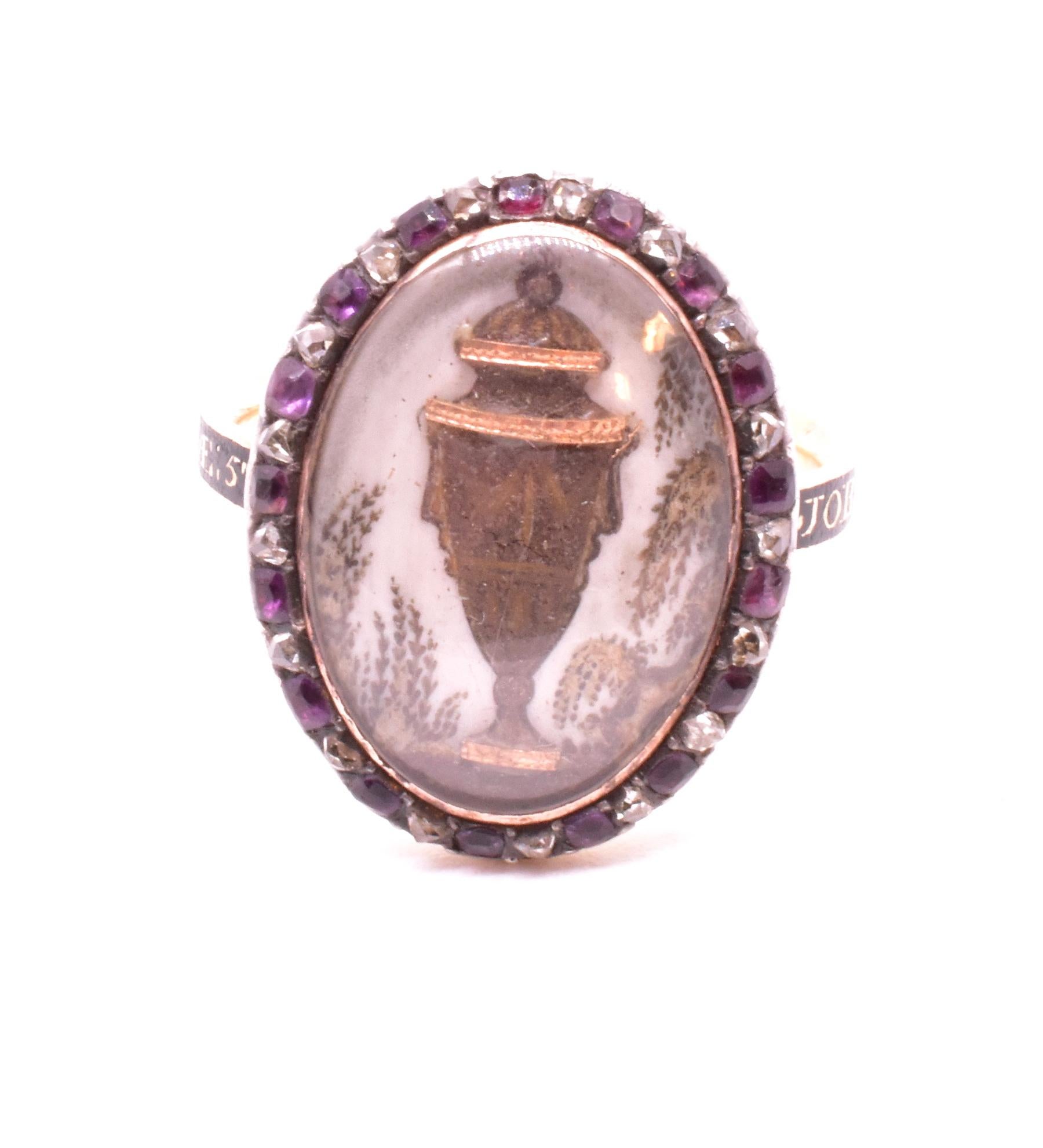 18th Century Urn Motif Memorial Ring with Diamond and Amethyst Surround In Excellent Condition In Baltimore, MD