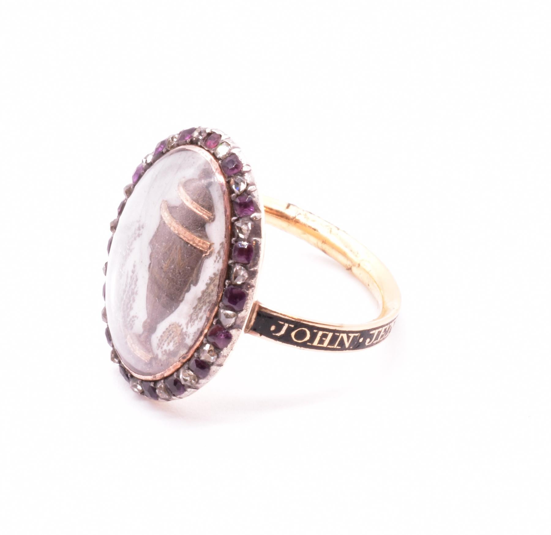 Women's or Men's 18th Century Urn Motif Memorial Ring with Diamond and Amethyst Surround
