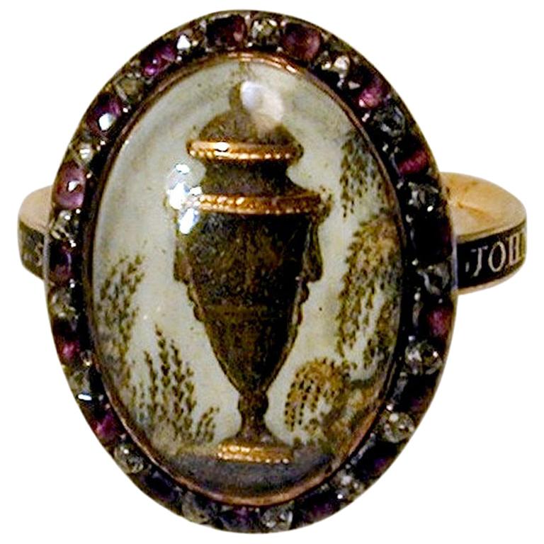 18th Century Urn Motif Memorial Ring with Diamond and Amethyst Surround