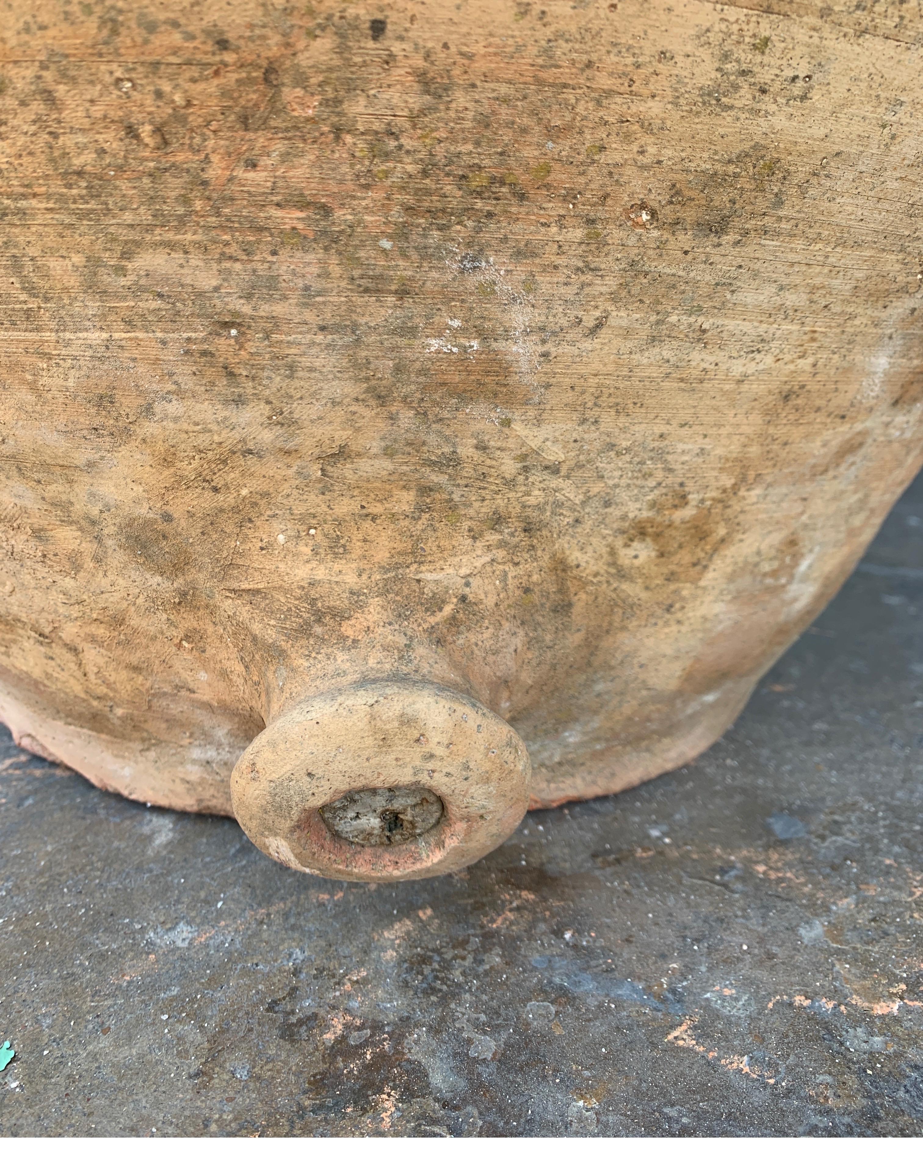 Fired 18th Century Valencia Spain Large Jar with Faded White Patina and Bottom Spout