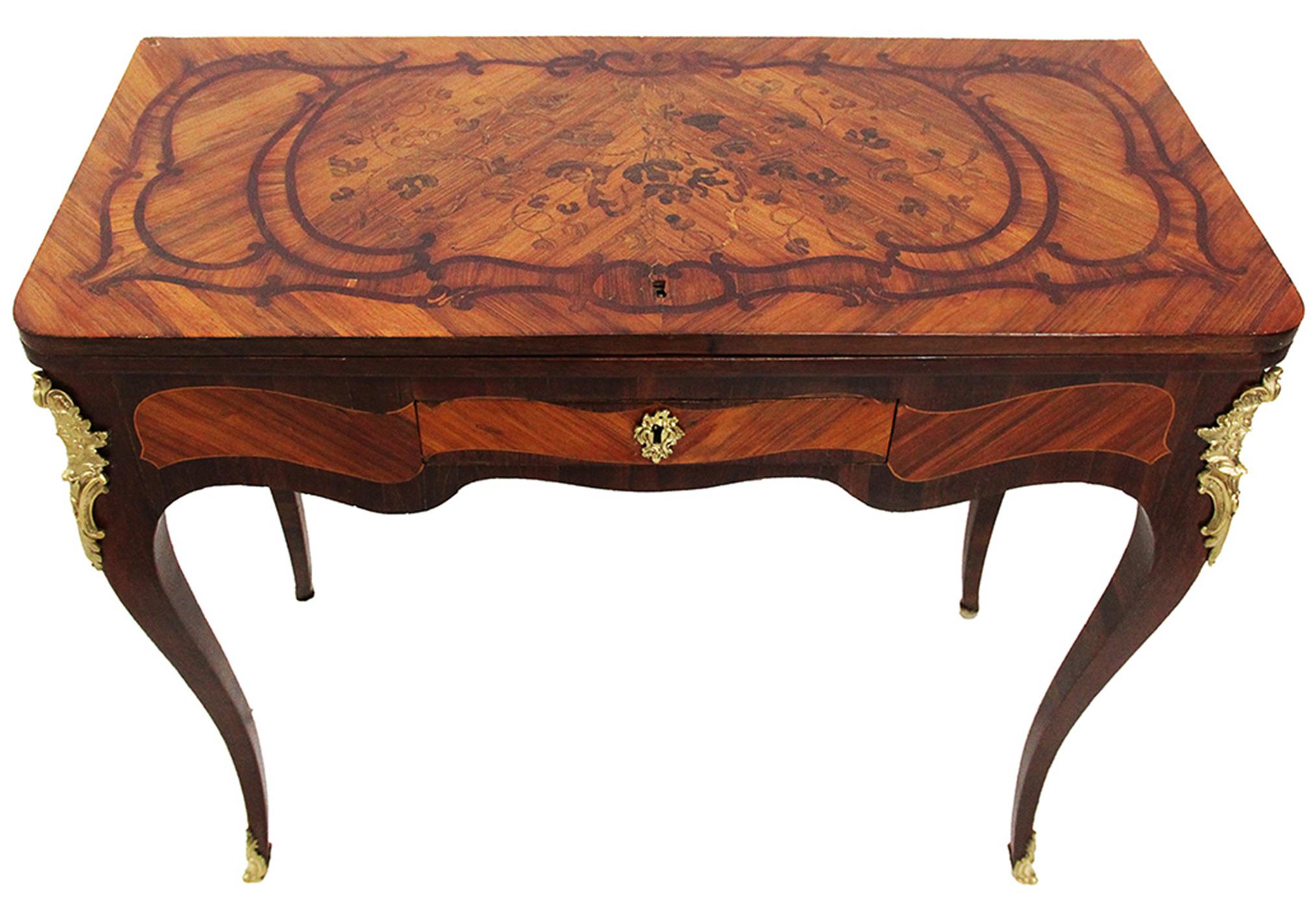 Wood 18th Century Vanity and Writing Table Combined, Stamp Roussel Flower Marquetry For Sale