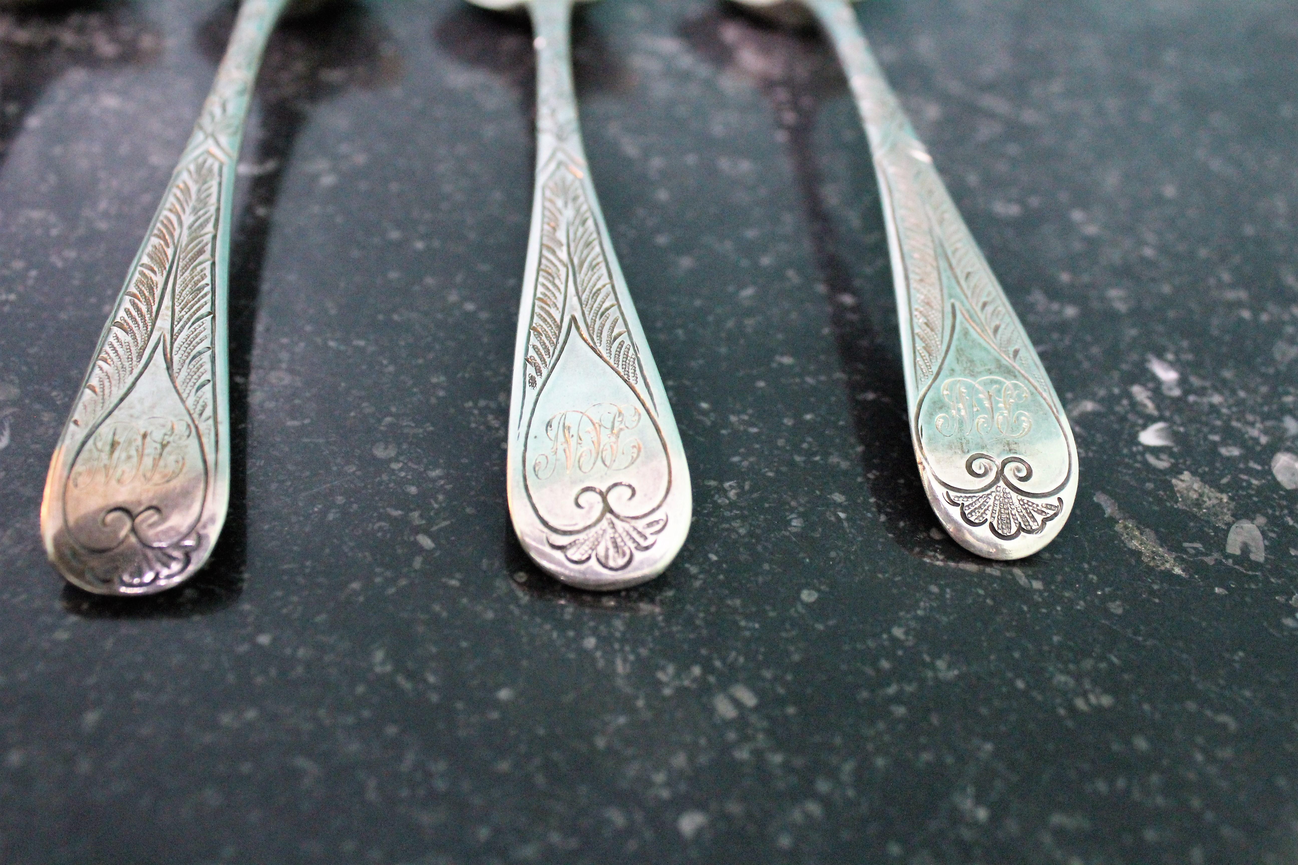 18th Century Various Makers London Silver Rococo Engraved Spoons, 1770s For Sale 11