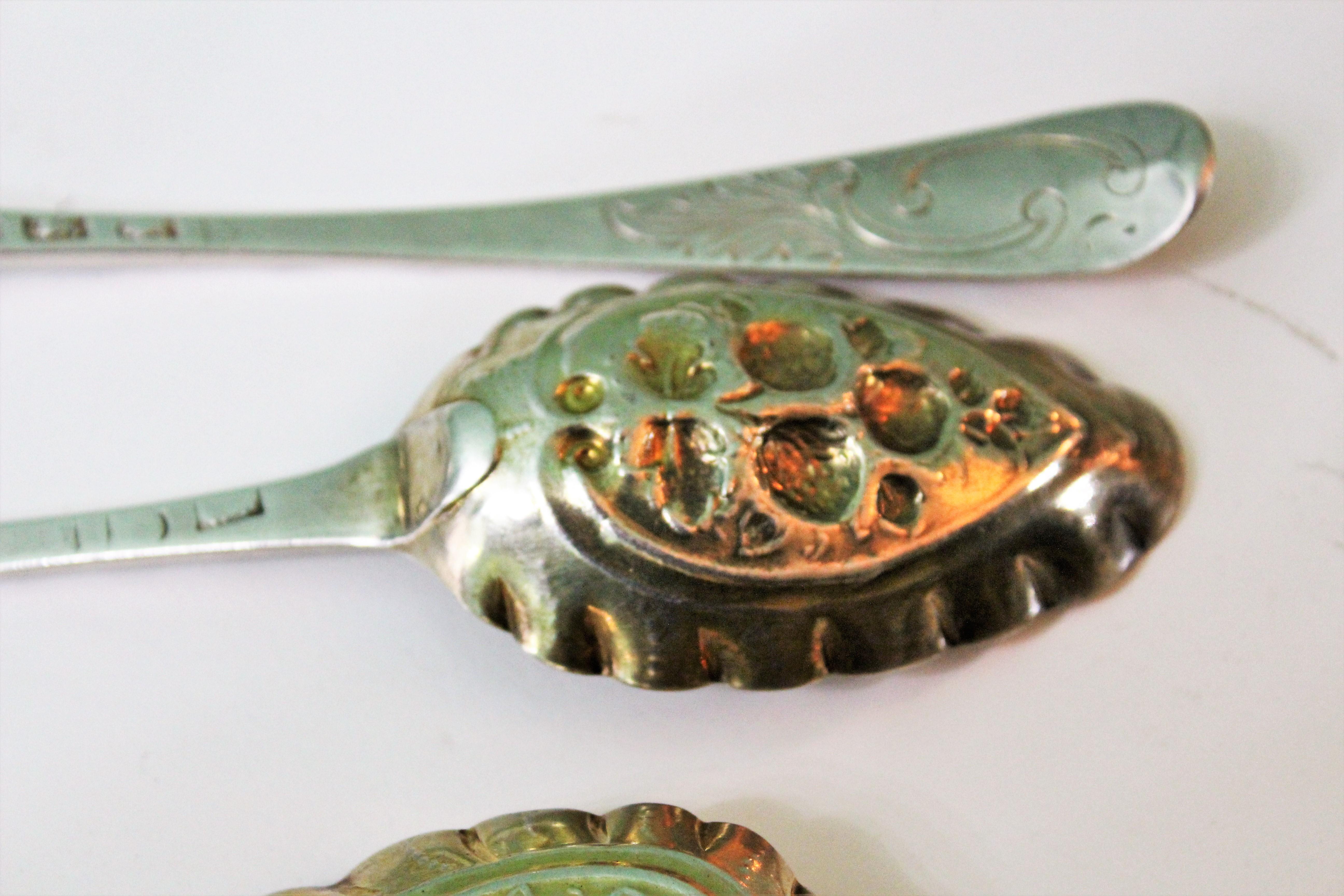 English 18th Century Various Makers London Silver Rococo Engraved Spoons, 1770s For Sale