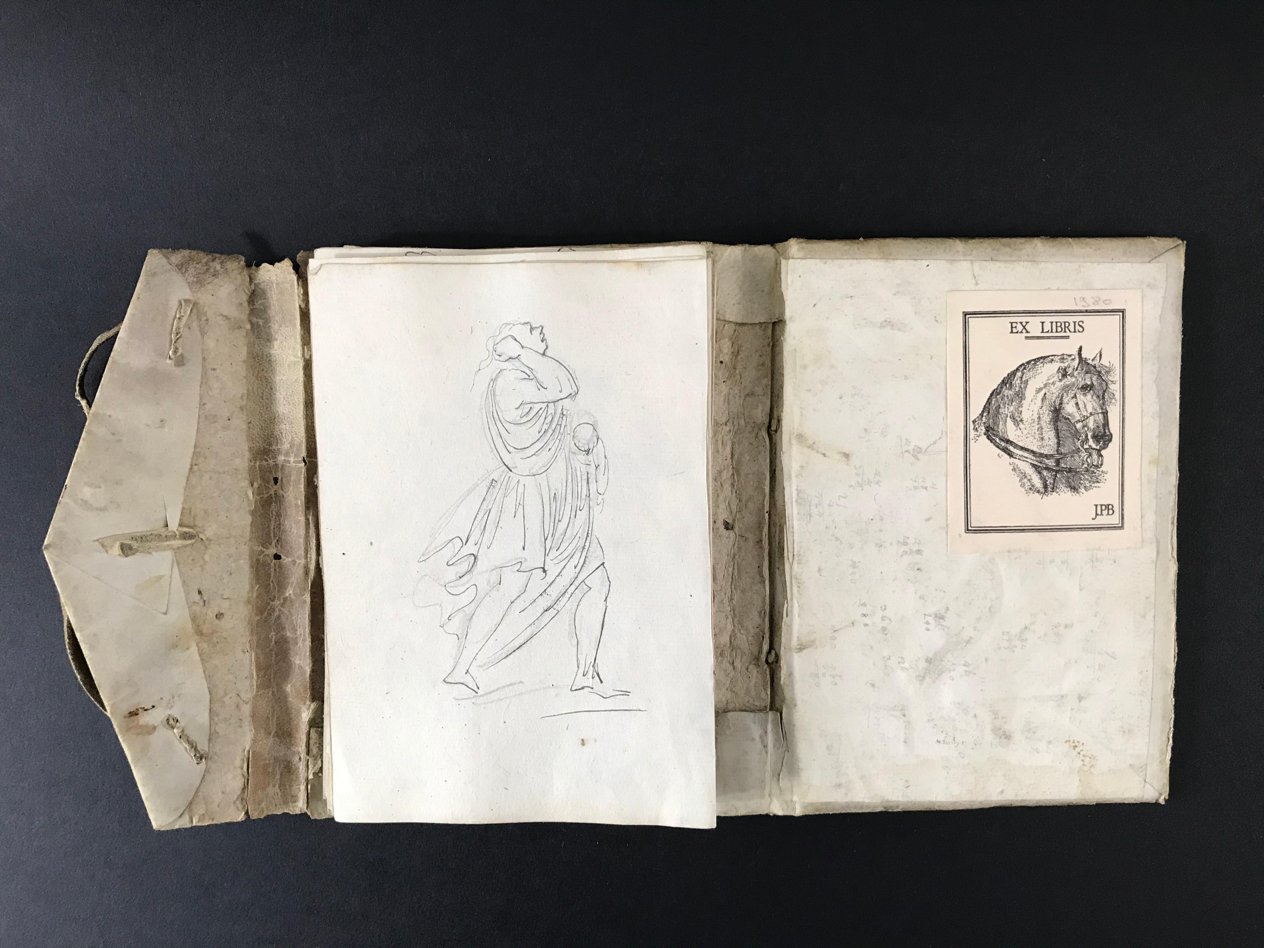 Sketchbook, gathering a set of 87 drawings made in Italy at the end of the 18th century. The booklet covered with parchment and closing with a cord brings together a set of studies of characters, architectural drawings and decorative elements.