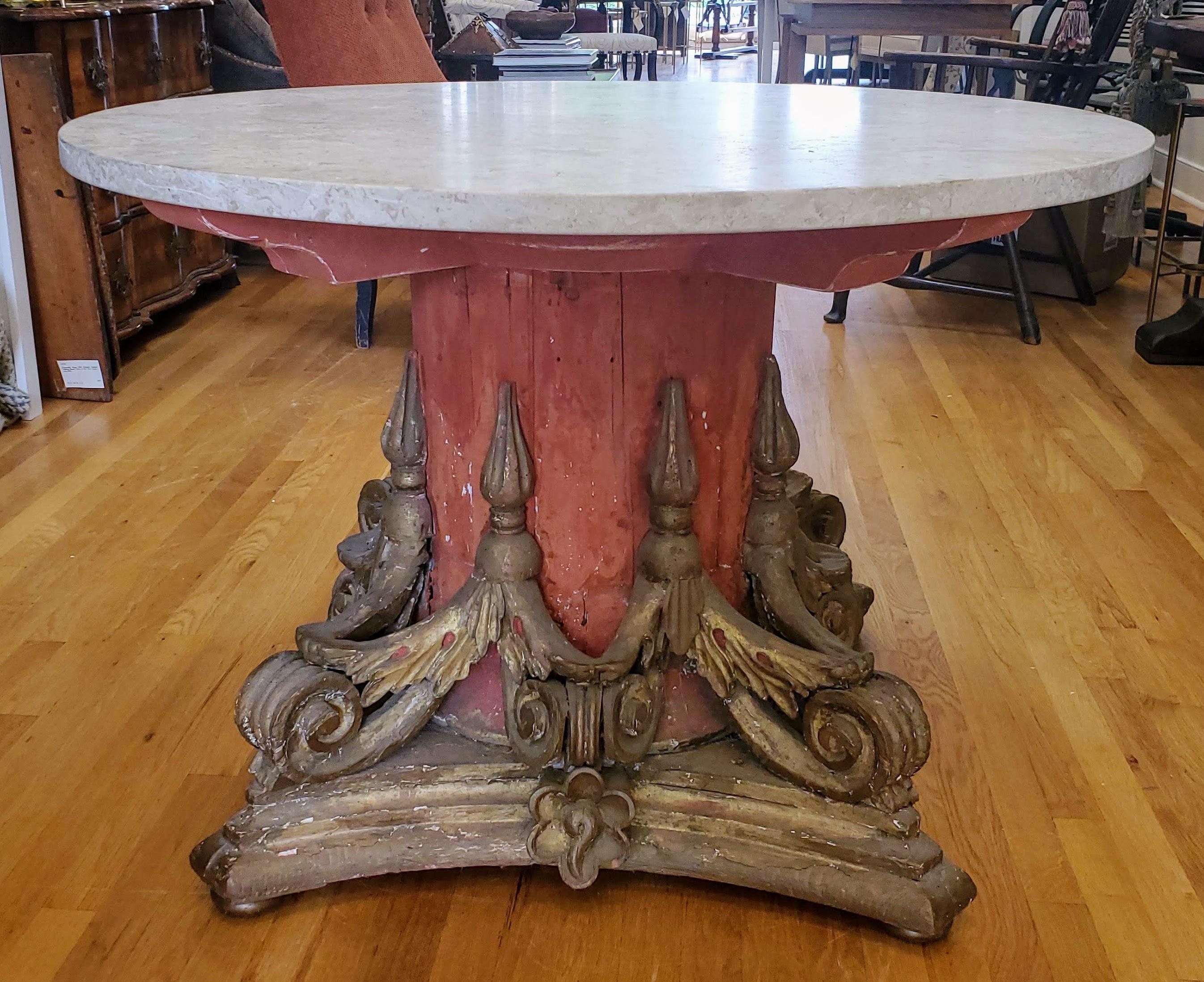 This beautiful 18th century Venetian architectural carved and painted capital table with round fossilized marble top is sure to be a conversation piece in your home. Large but not obtrusive, this table makes a statement.
Venice, circa