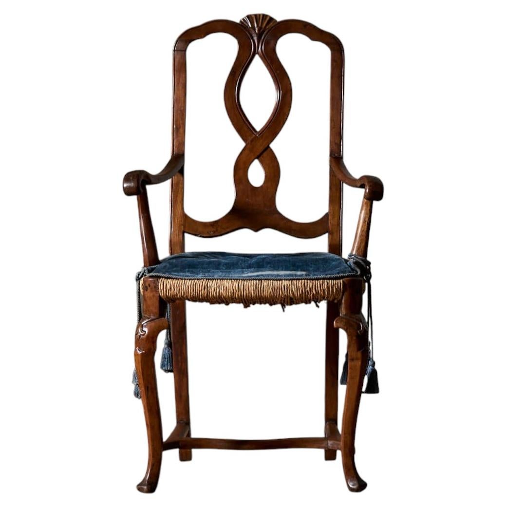 18th Century Venetian Armchair, Hand-Carved Walnut, Straw Seat