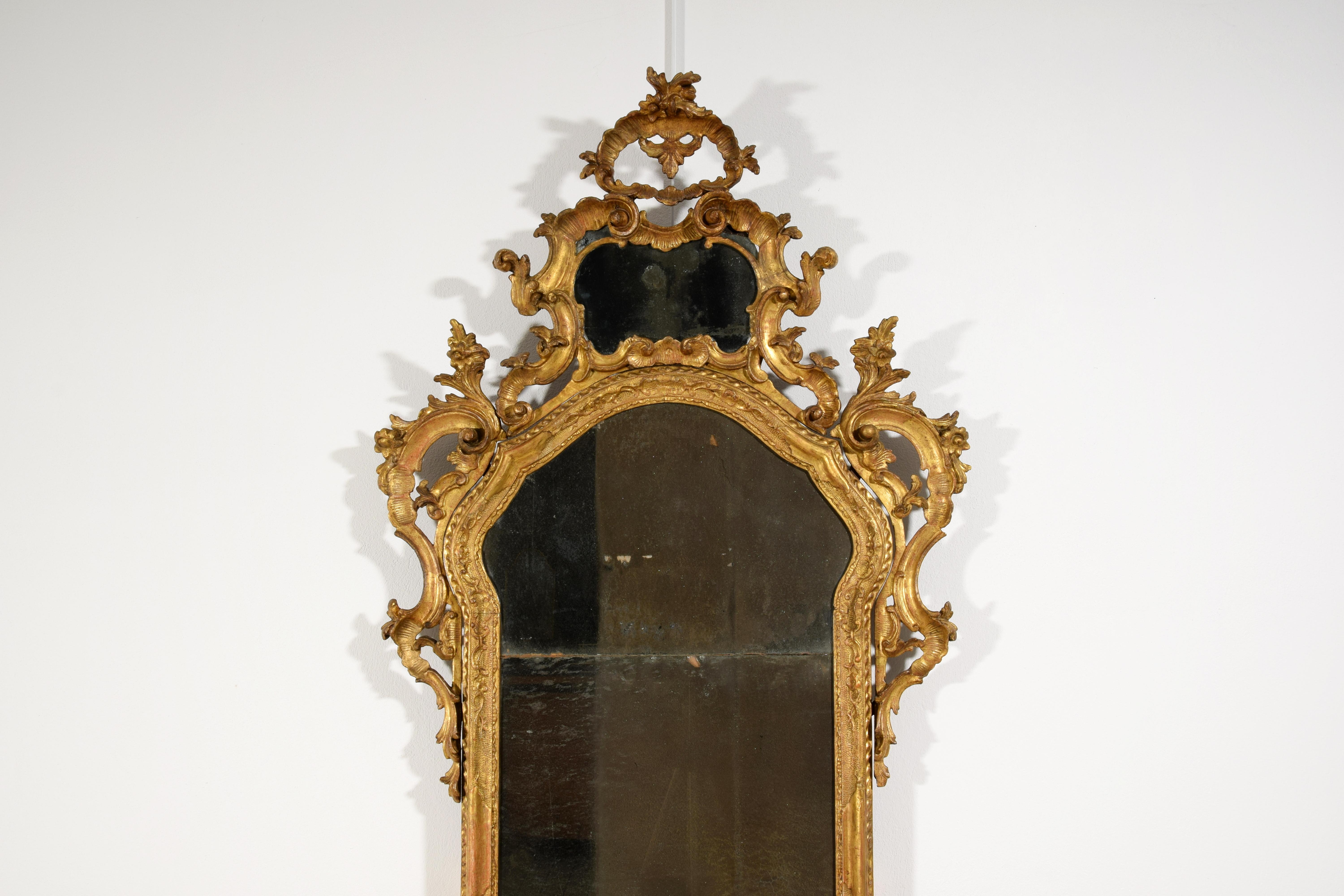 18th Century, Venetian Baroque Carved Giltwood Mirror For Sale 11