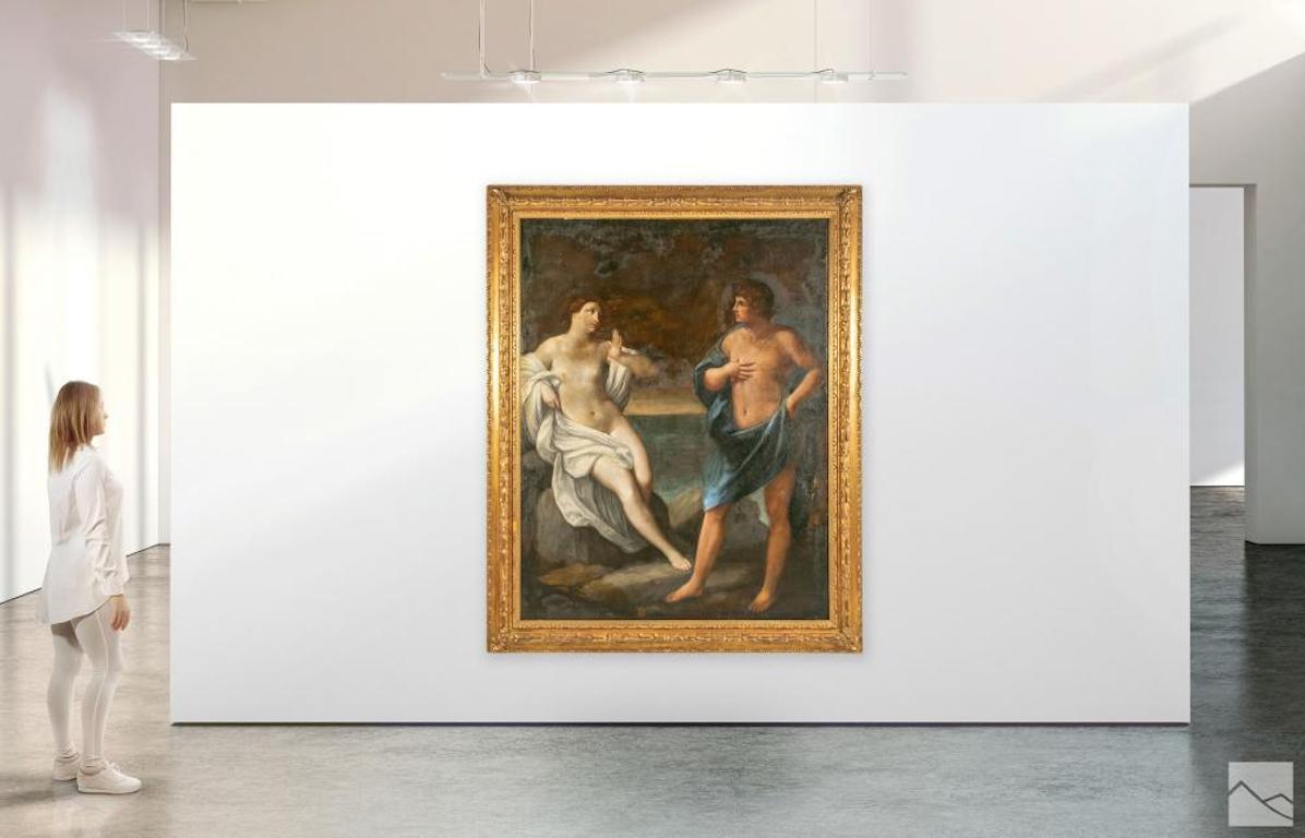 Großformatiges venezianisches Ölgemälde. Neoklassische Form im frühen 18. Jahrhundert. Zwei mythologische Figuren fast in Lebensgröße. Ein figuratives Kunstwerk, gemalt im Stil der Venezianischen Schule. Eine Innenraumszene mit zwei menschlichen